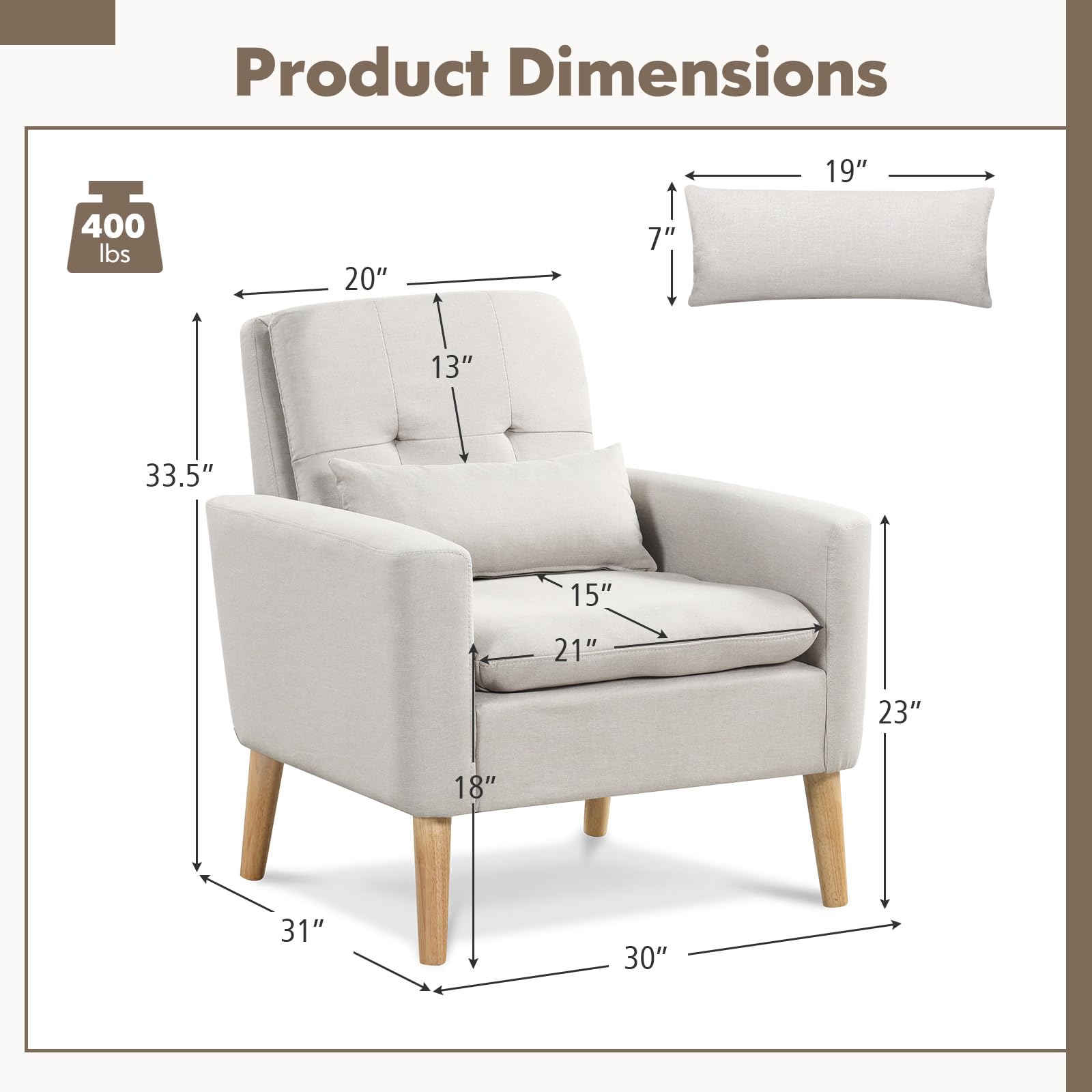 Modern Linen Accent Chair, Upholstered Tufted Armchair with Lumbar Pillow, Rubber Wood Legs, Padded Cushion