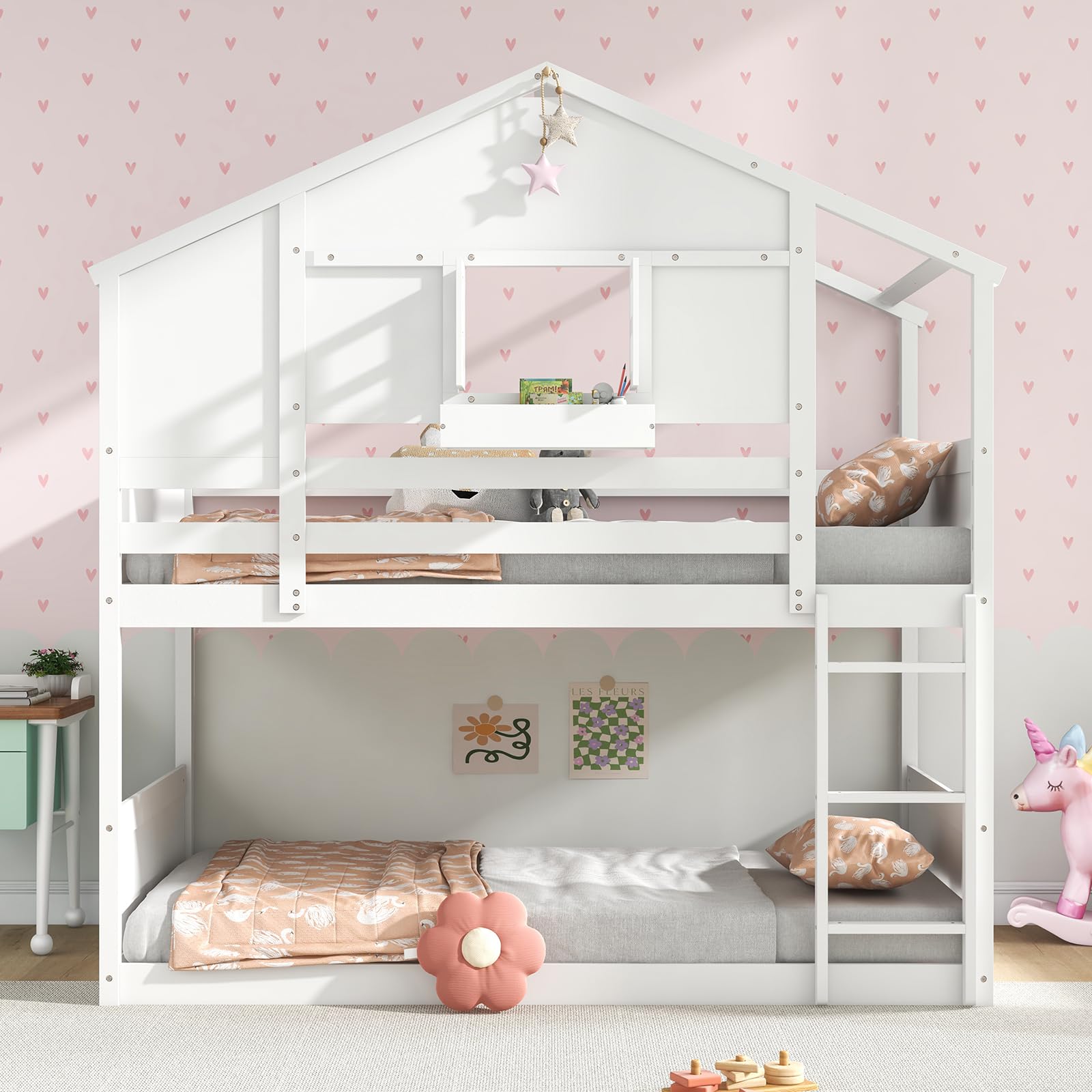 Twin Over Twin Wood House Bunk Bed for Kids with Roof, Window Door, Storage Box, Safety Guardrails, Wood Slats & Ladder
