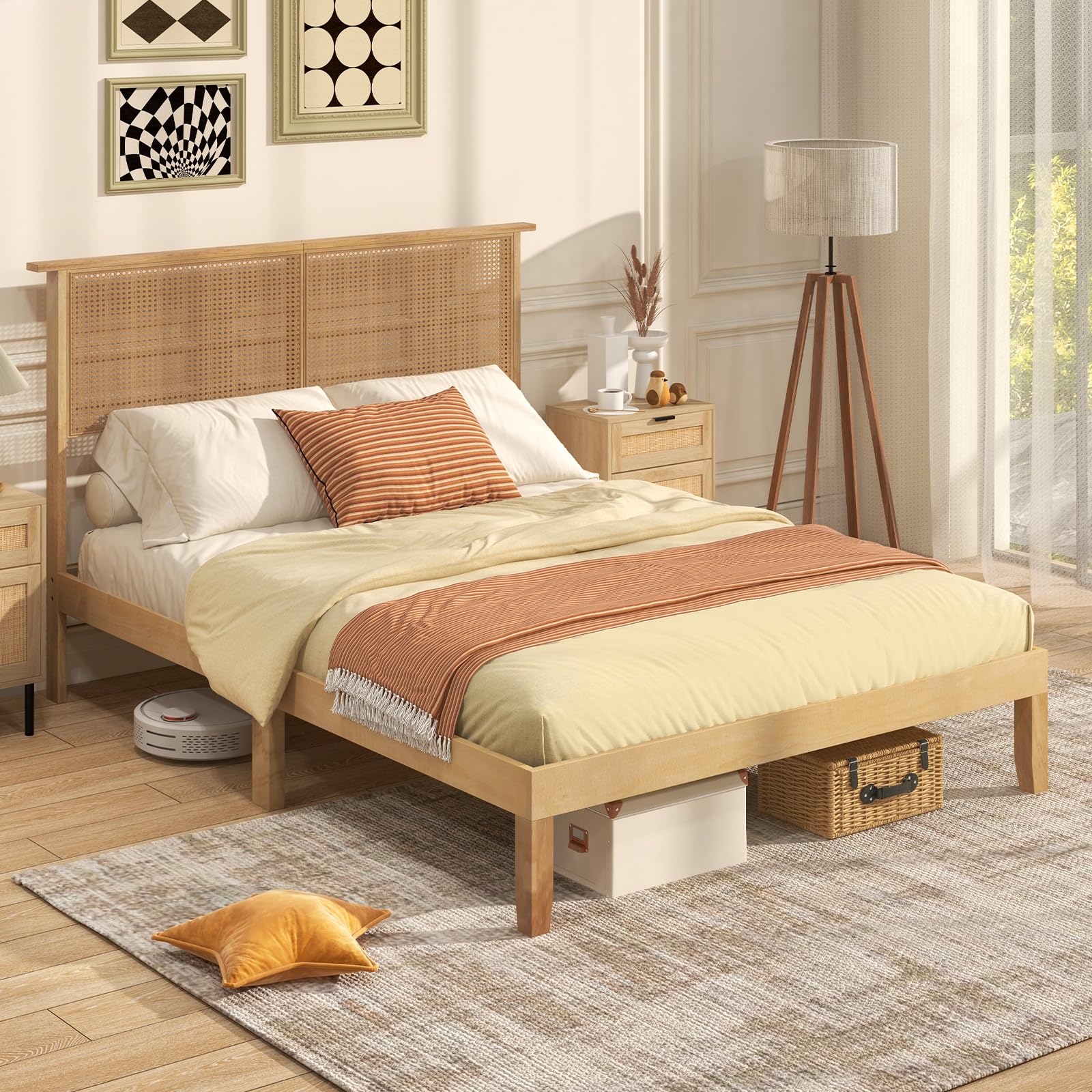 Wood Platform Bed Frame with Rattan Headboard, Wooden Slats & Under-Bed Storage