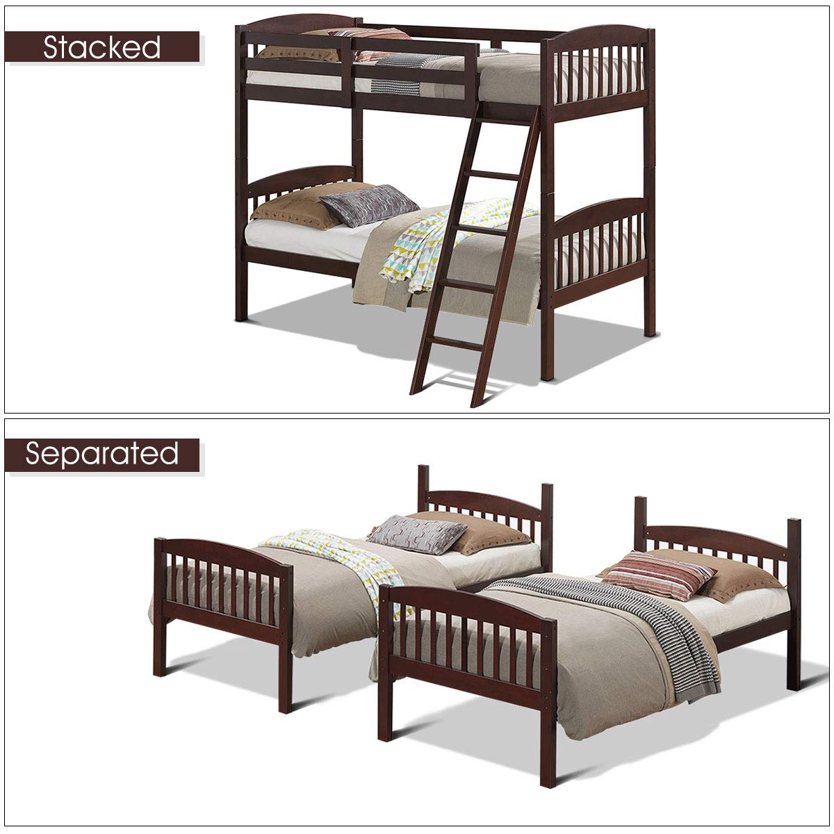 Twin Over Twin Bunk Beds, Convertible Into Two Individual Solid Rubberwood Beds