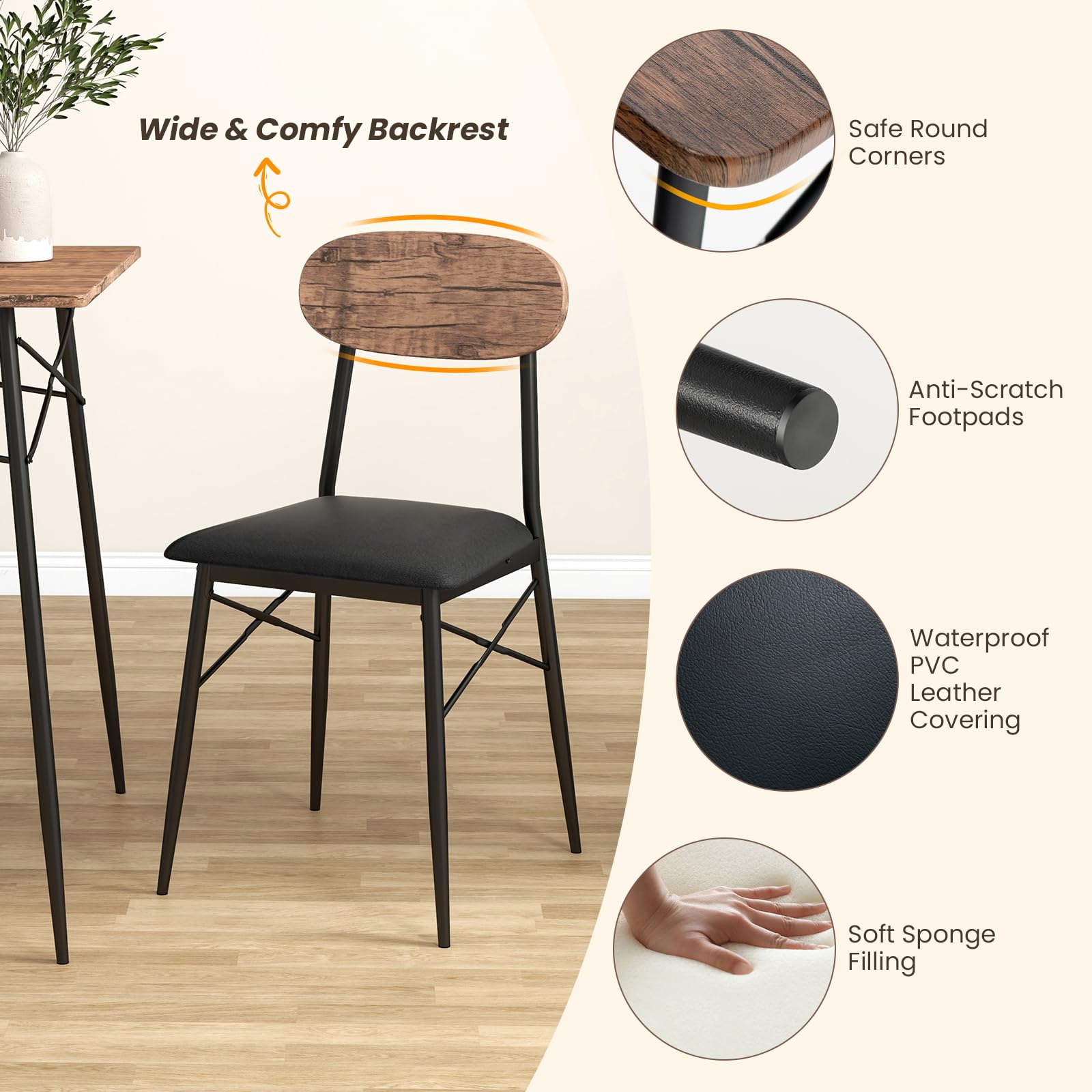 Dining Table Set for 4, Mid-Century Kitchen Furniture Set w/Kitchen Table, Bench & 2 Upholstered PVC Leather Chairs