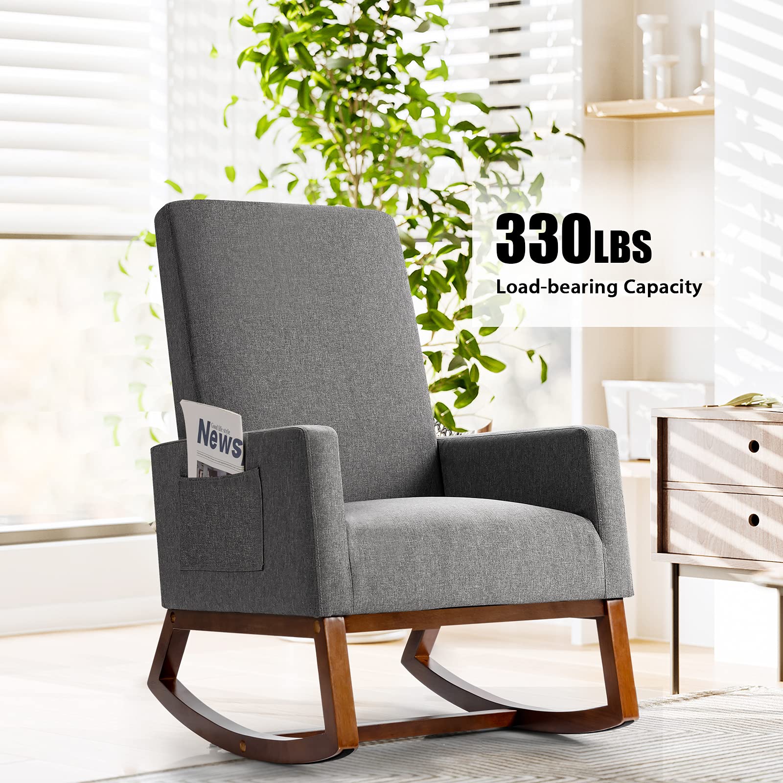 Rocking Chair, High Back Upholstered Lounge Armchair w/Side Pocket