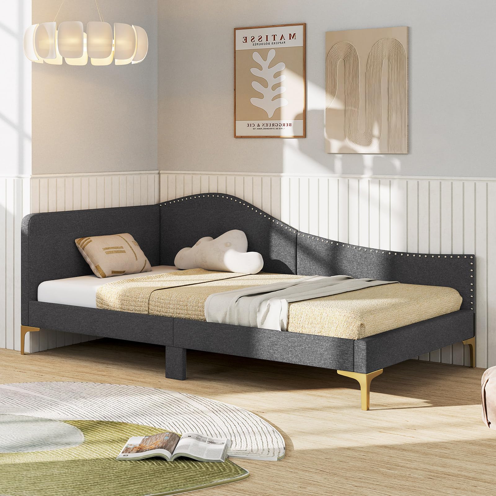 Rivet-Tufted Platform Bed Frame with Headboard, Metal Legs & Wood Slats, L-Shaped Corner Sofa Bed