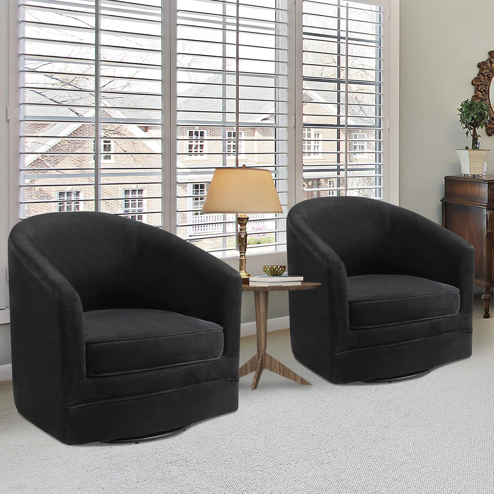Velvet Round Barrel Chair with 360-Degree Swivel Metal Base, Black