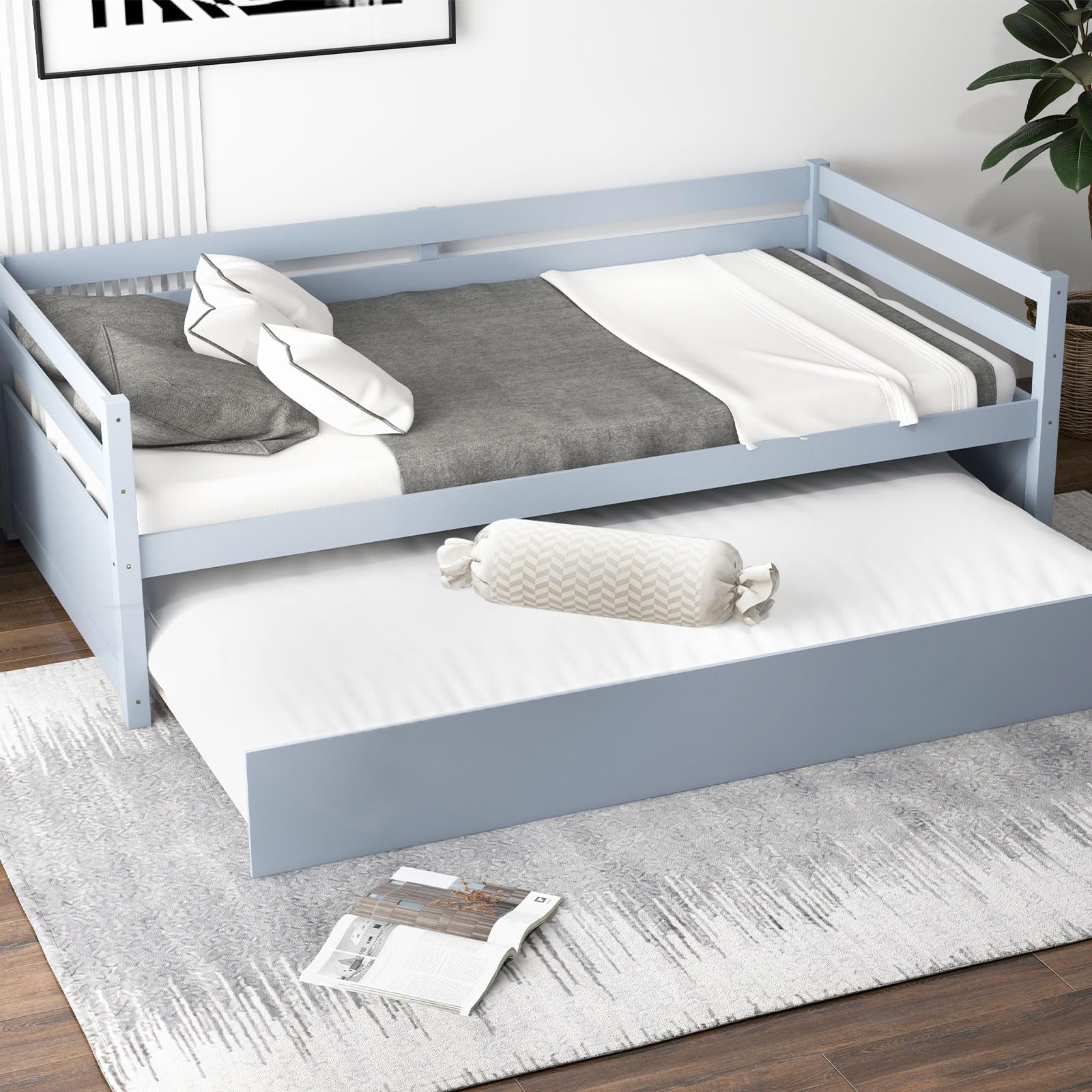 Twin Daybed with Trundle, Wood Trundle Bed with Wood Slat Support