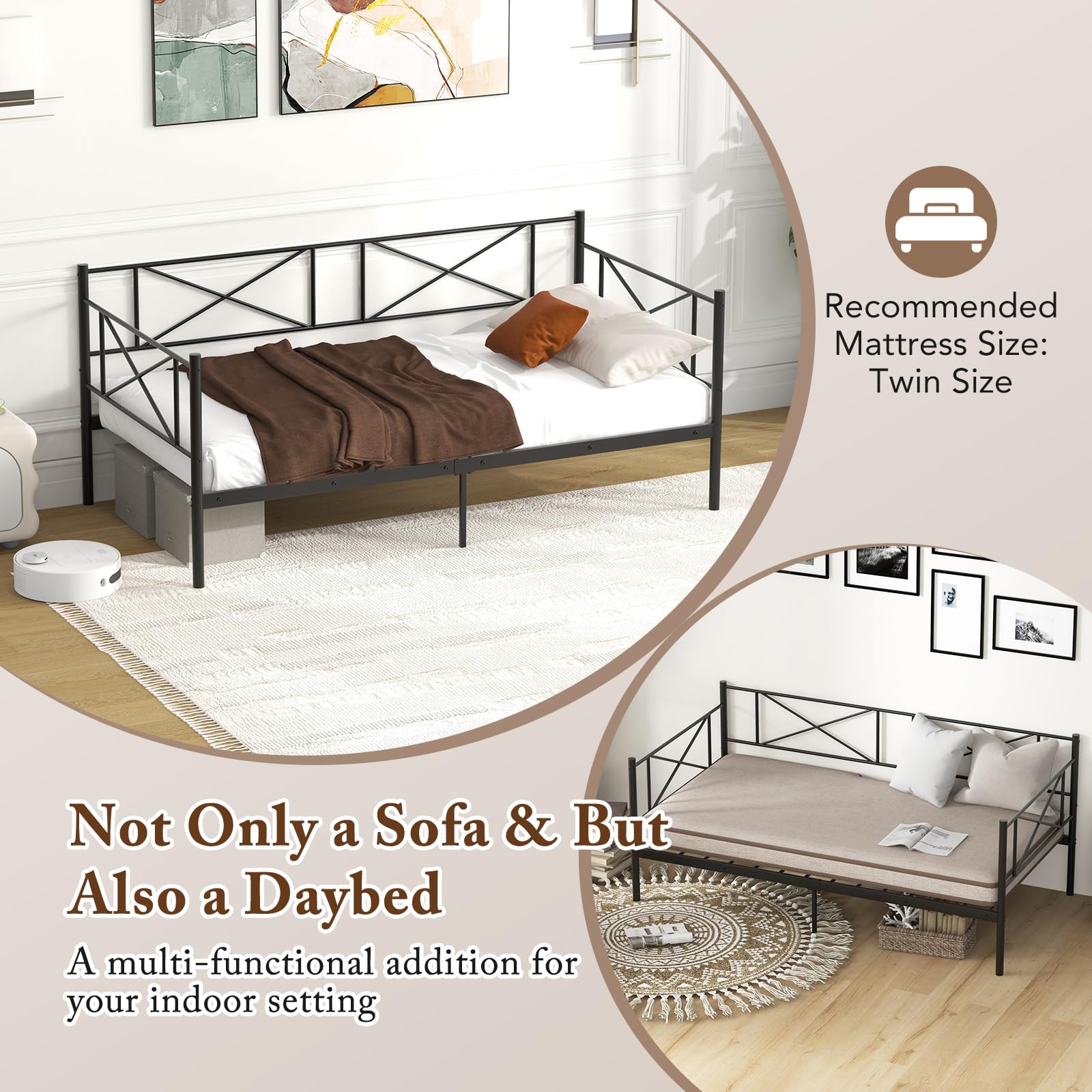 Twin Size Metal Daybed Frame Modern 2-in-1 Sofa Daybed