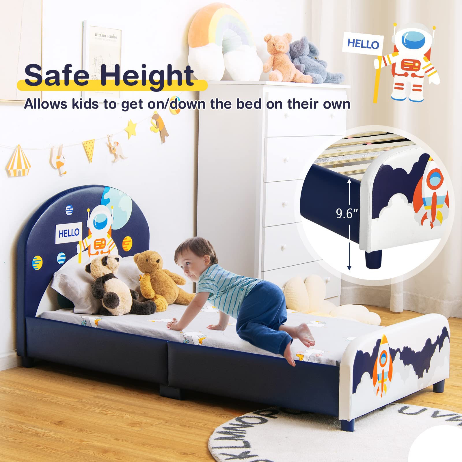 Kids Bed, Toddler Upholstered Platform Floor Bed w/Headboard & Wooden Slat Base