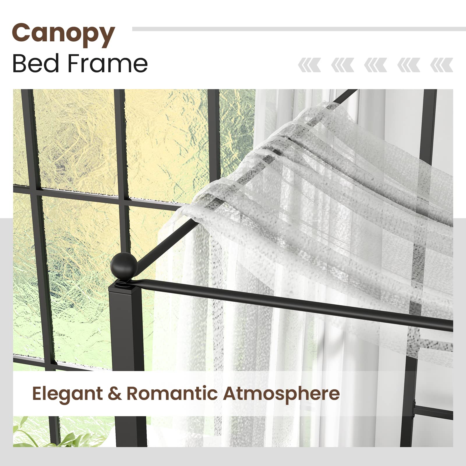 Metal Canopy Bunk Bed, Modern 4 Poster Canopied Platform Bed with Headboard