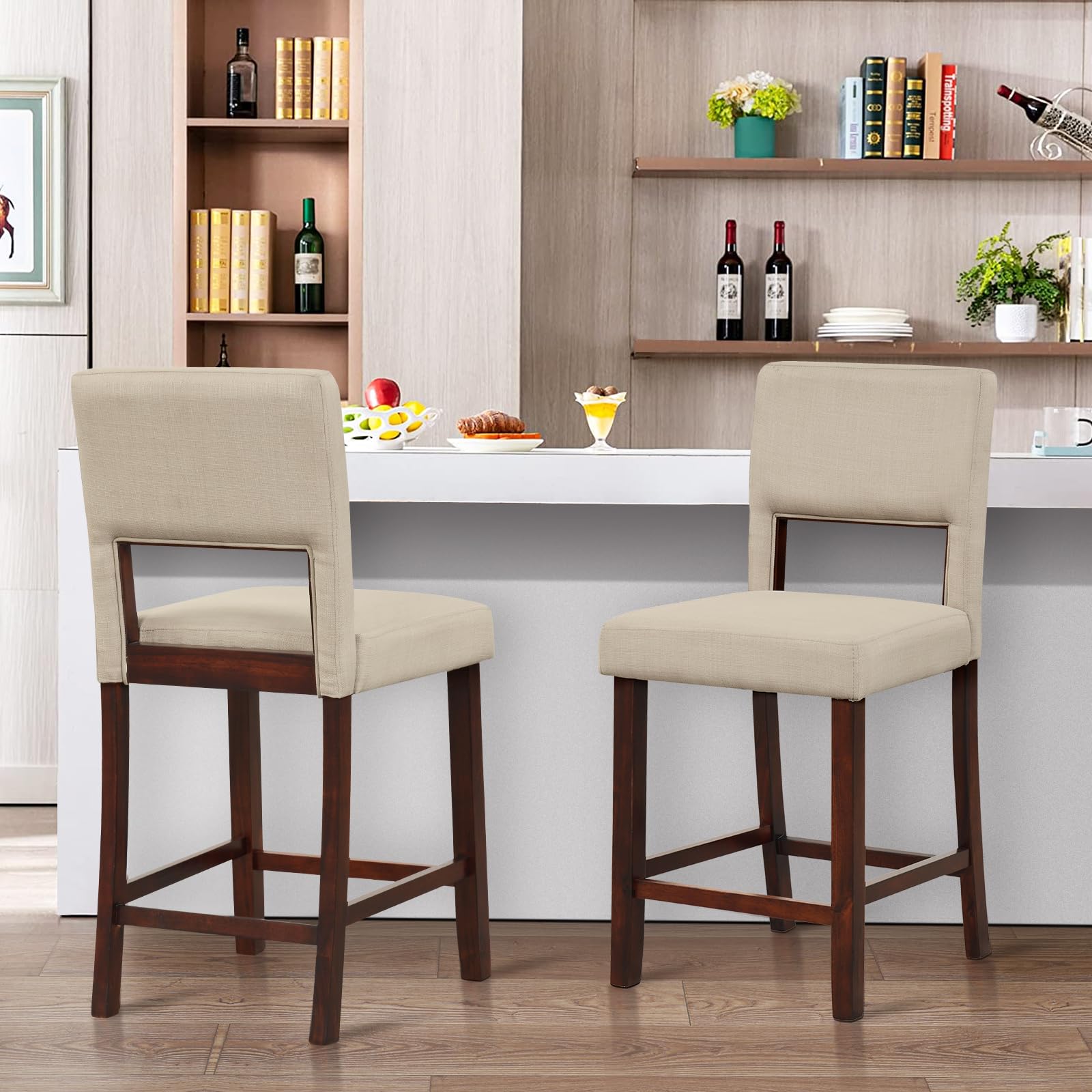 24.5" Counter Height Bar Stools Set of 2, Linen Barstools with Back, Rubber Wood Legs