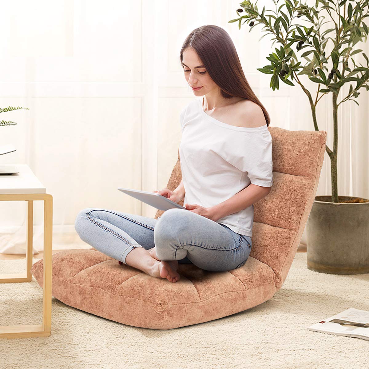 Floor Chairs for Adults - Floor Gaming Chair with Back Support, Coral Velvet, 14 Adjustable Position