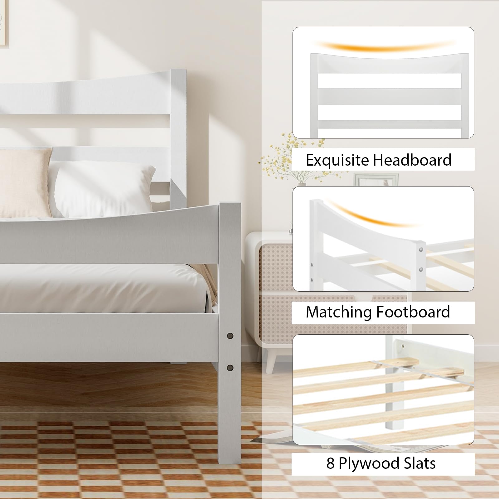 Twin Size Wood Bed Frame, Rustic Style Platform Bed w/Headboard & Footboard