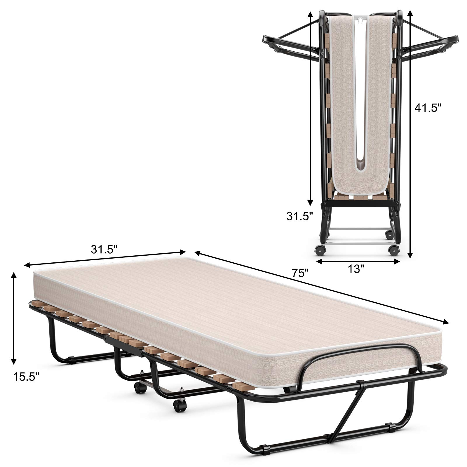 Portable Rollaway Bed with 4" Memory Foam Mattress for Adults and Guests
