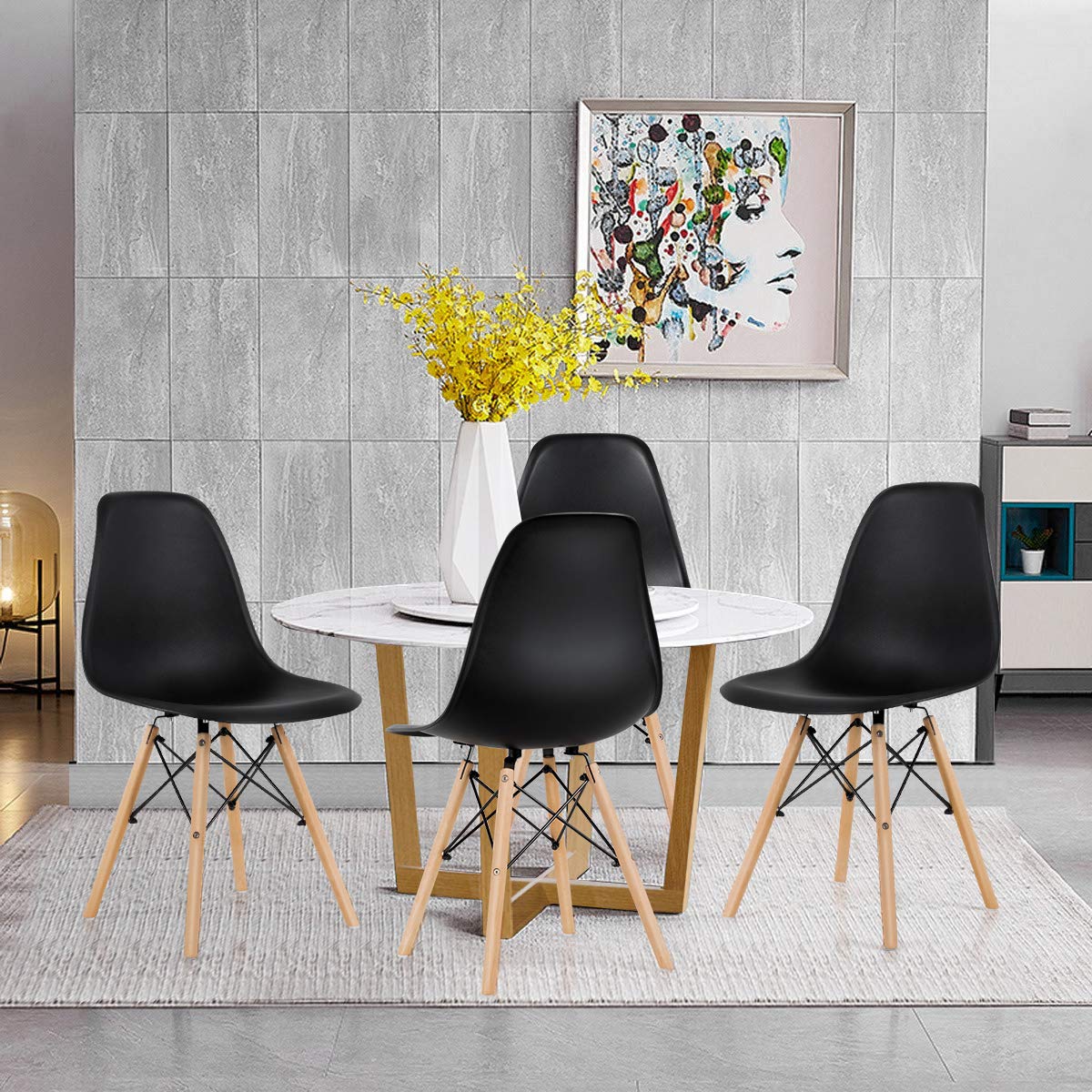 Pre Assembled Mid Century Modern Dining Chairs Set of 4 with Wood Legs, Shell Lounge Plastic Chairs