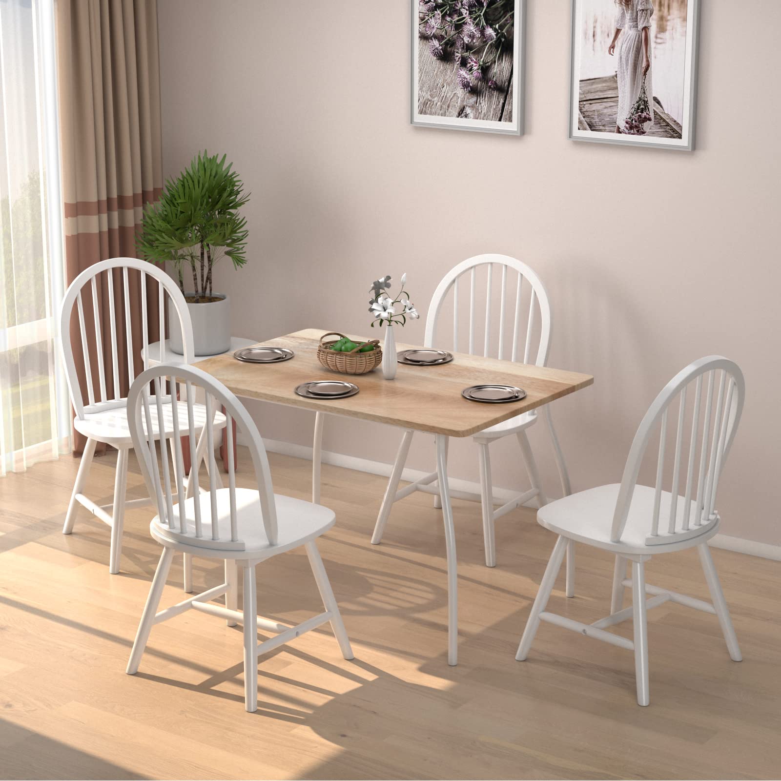 Set of 2/4 Wood Dining Chairs, French Country Armless Spindle Back Dining Chairs