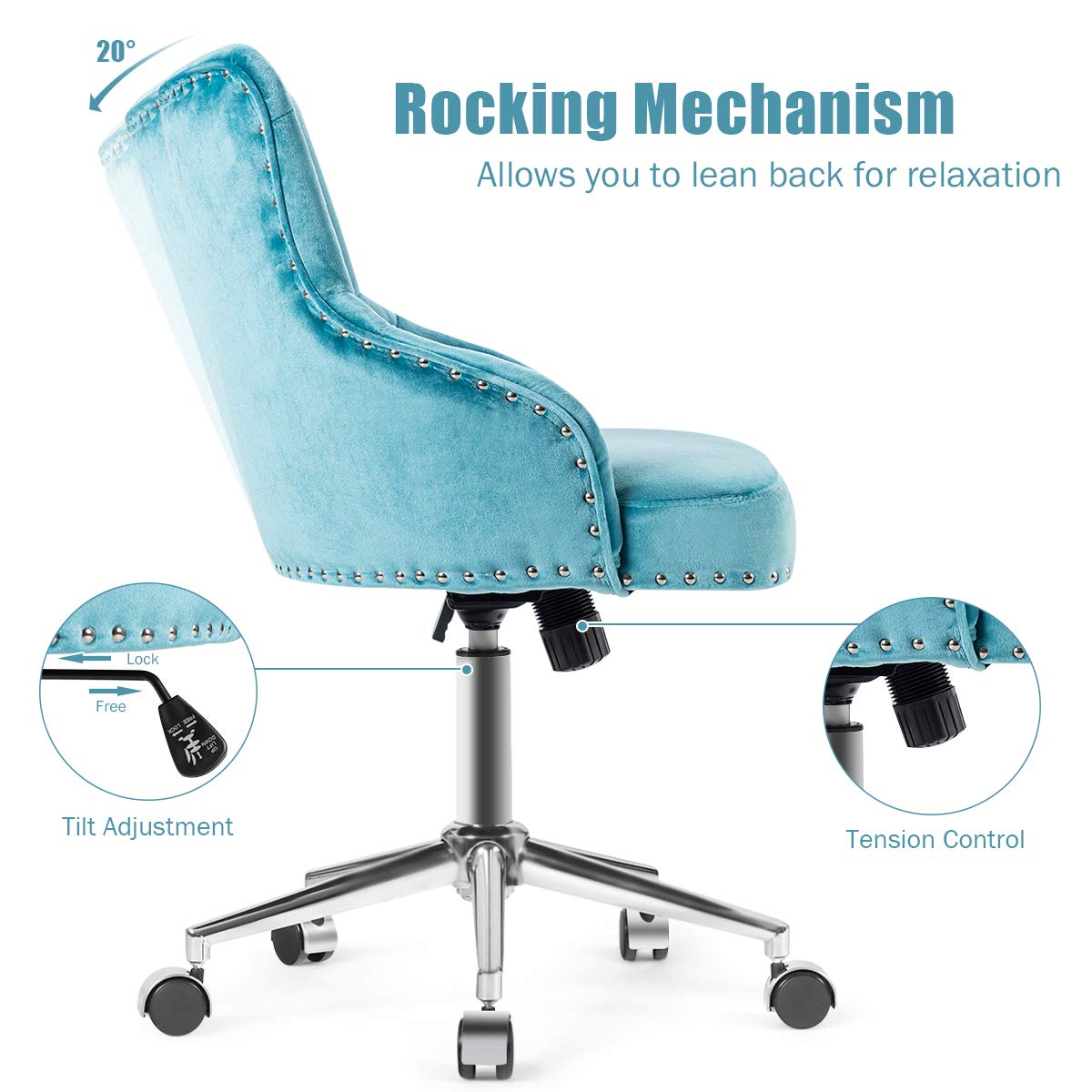 Modern Home Office Chair, Tufted Velvet Swivel Armchair with Nailhead Trim