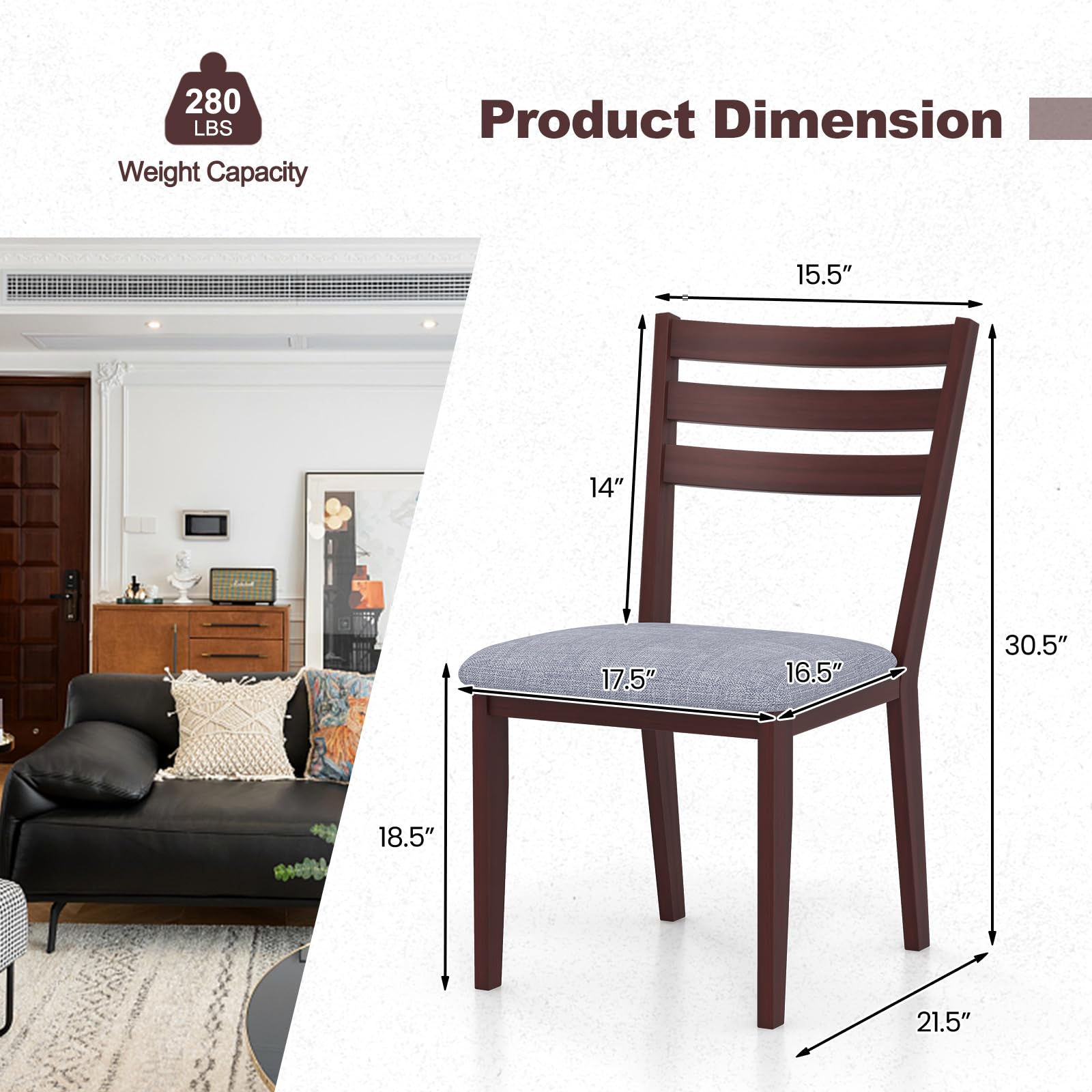 Wood Dining Chairs Set of 2/4, Upholstered Kitchen Chair with Solid Rubber Wood Frame