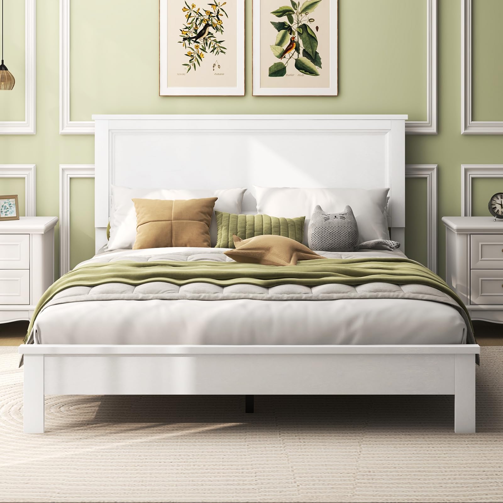 Wood Platform Bed Frame with Headboard, Mid Century Platform Bed Frame with Solid Wood Legs & Wooden Slat Support