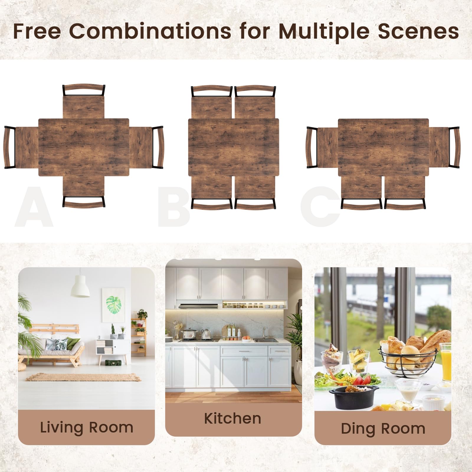 5-Piece Dining Table Set, Industrial Kitchen Table and Chairs for 4 with Backrest and Metal Frame