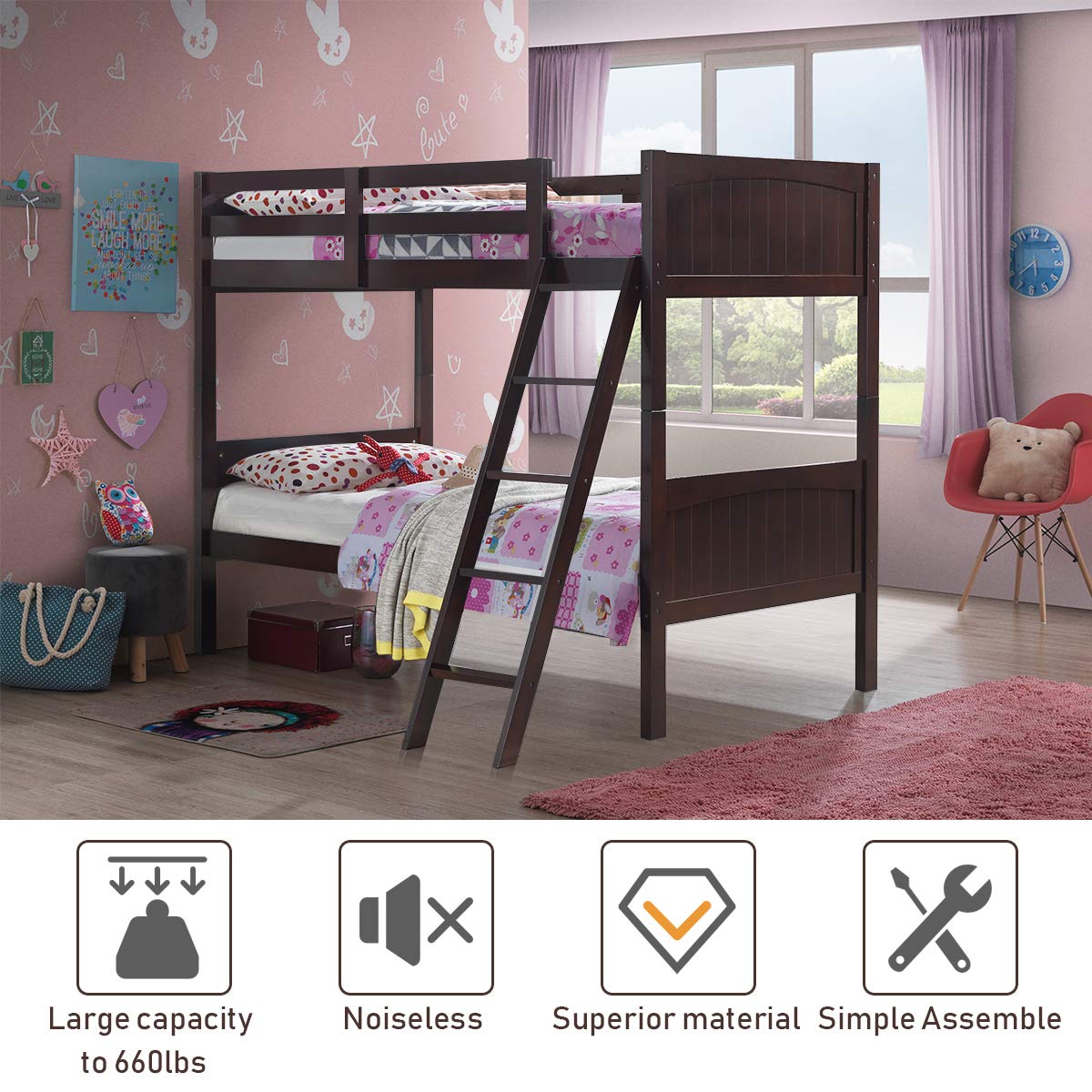 Wood Twin Over Twin Bunk Beds, Convertible 2 Individual Twin Beds for Kids Children