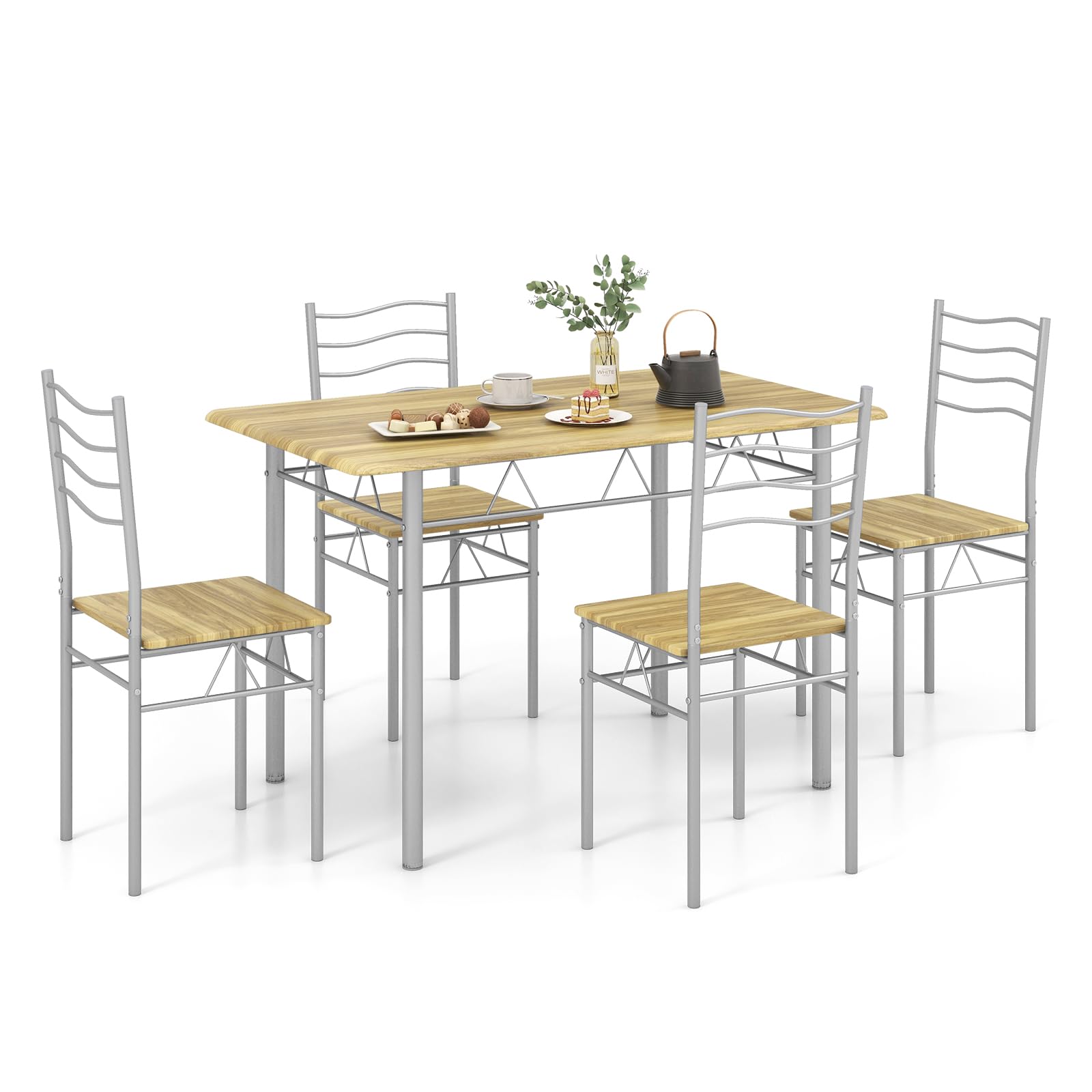5 Piece Dining Table Set with 4 Chairs, Metal Frame Wood Like Tabletop Kitchen Furniture