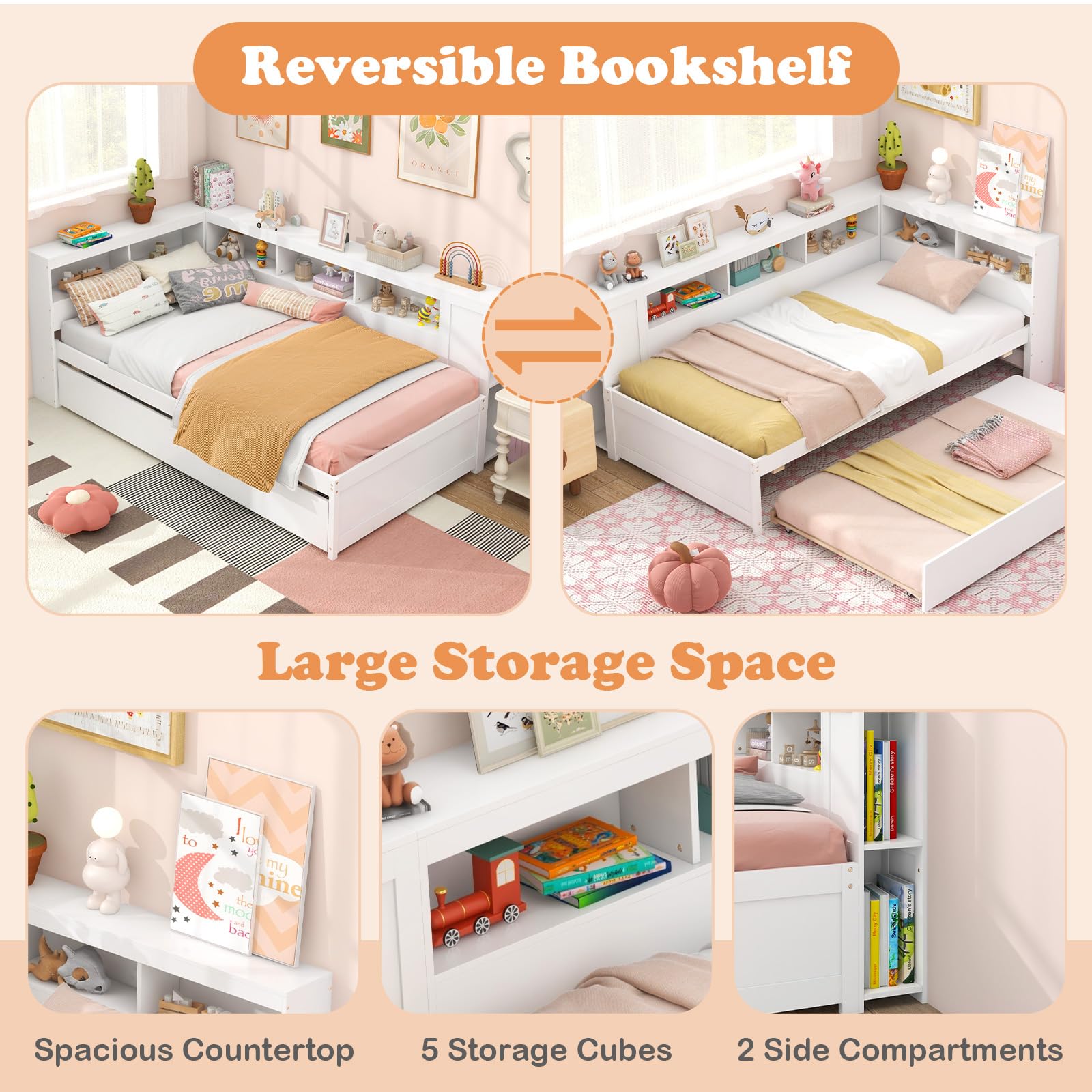 Twin Wood Daybed with Trundle, Storage Headboard, Reversible Bookcase, Bedside Shelves & Wooden Slats