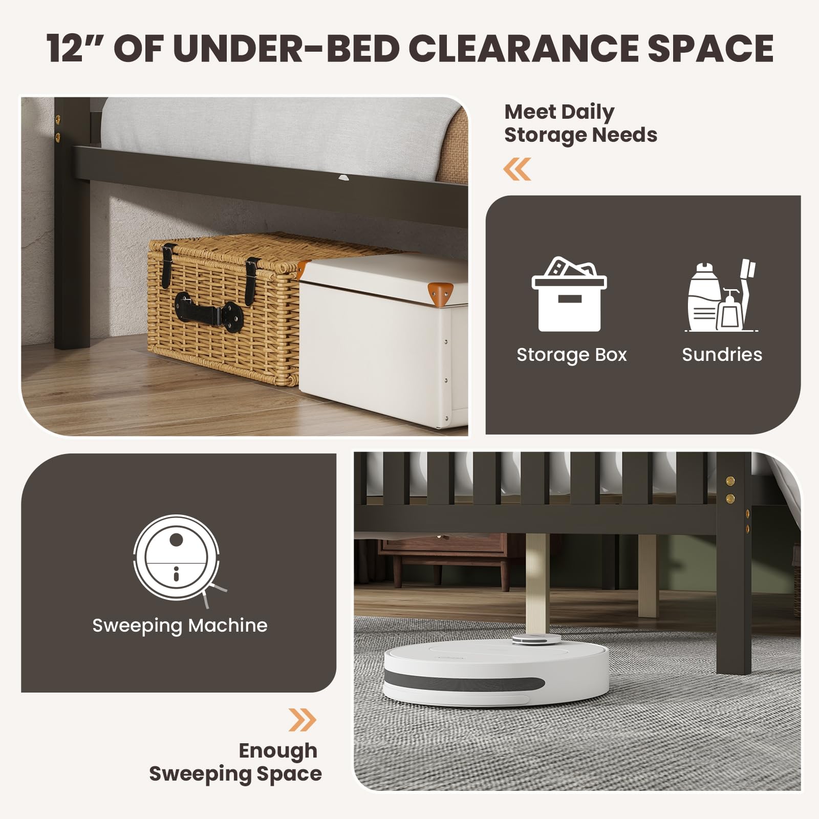 Wood Platform Bed Frame with Headboard, Wooden Slats Support, 12" Under-Bed Storage Space