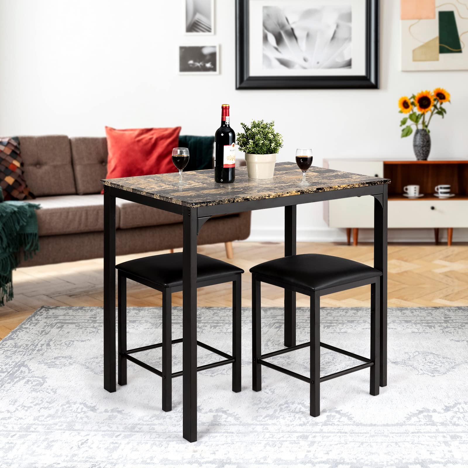3 Piece Dining Table and Chairs Set with Faux Marble Tabletop 2 Chairs