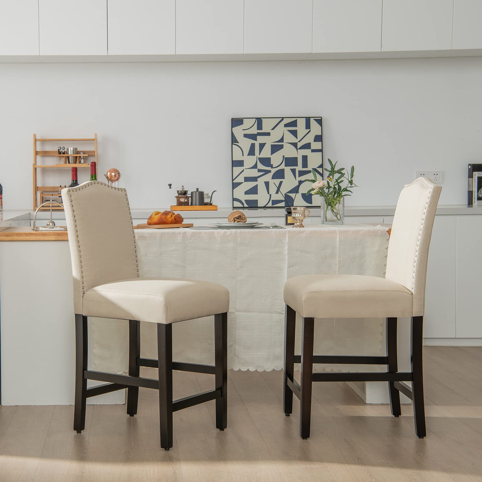Bar Stools Set of 2/4, Counter Height Bar Dining Chairs with Rubber Wood Legs, Footrest
