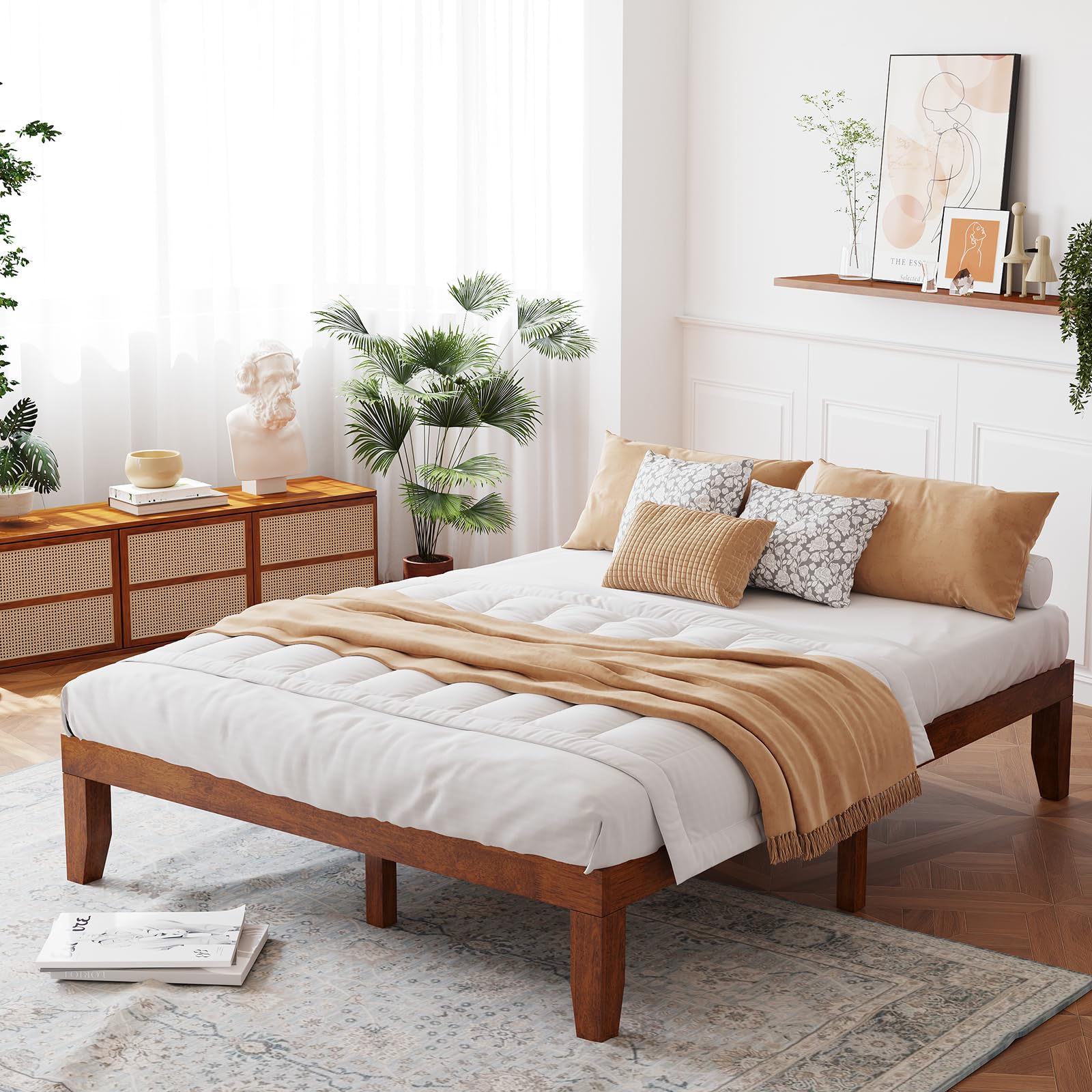 14 Inches Wood Platform Bed Frame, Solid Wood Mattress Foundation with Rubber Wood Frame