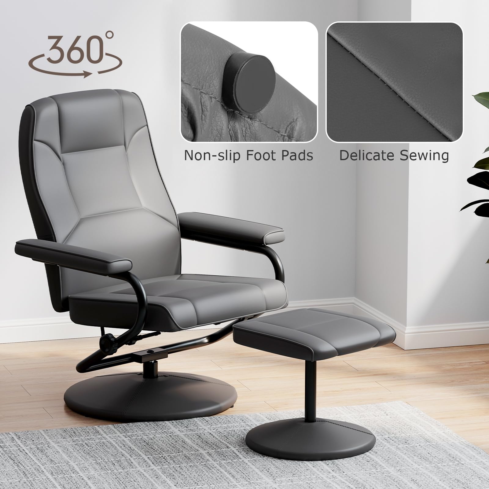 Recliner Chair with Ottoman, 360&deg; Swivel Faux Leather Reclining Chair w/Adjustable Backrest, Footrest
