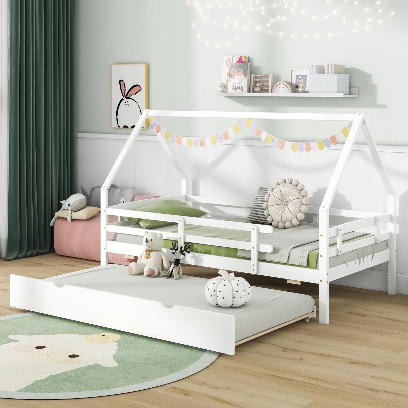House Bed with Trundle Wood Bed Frame with Safety Rails & Roof
