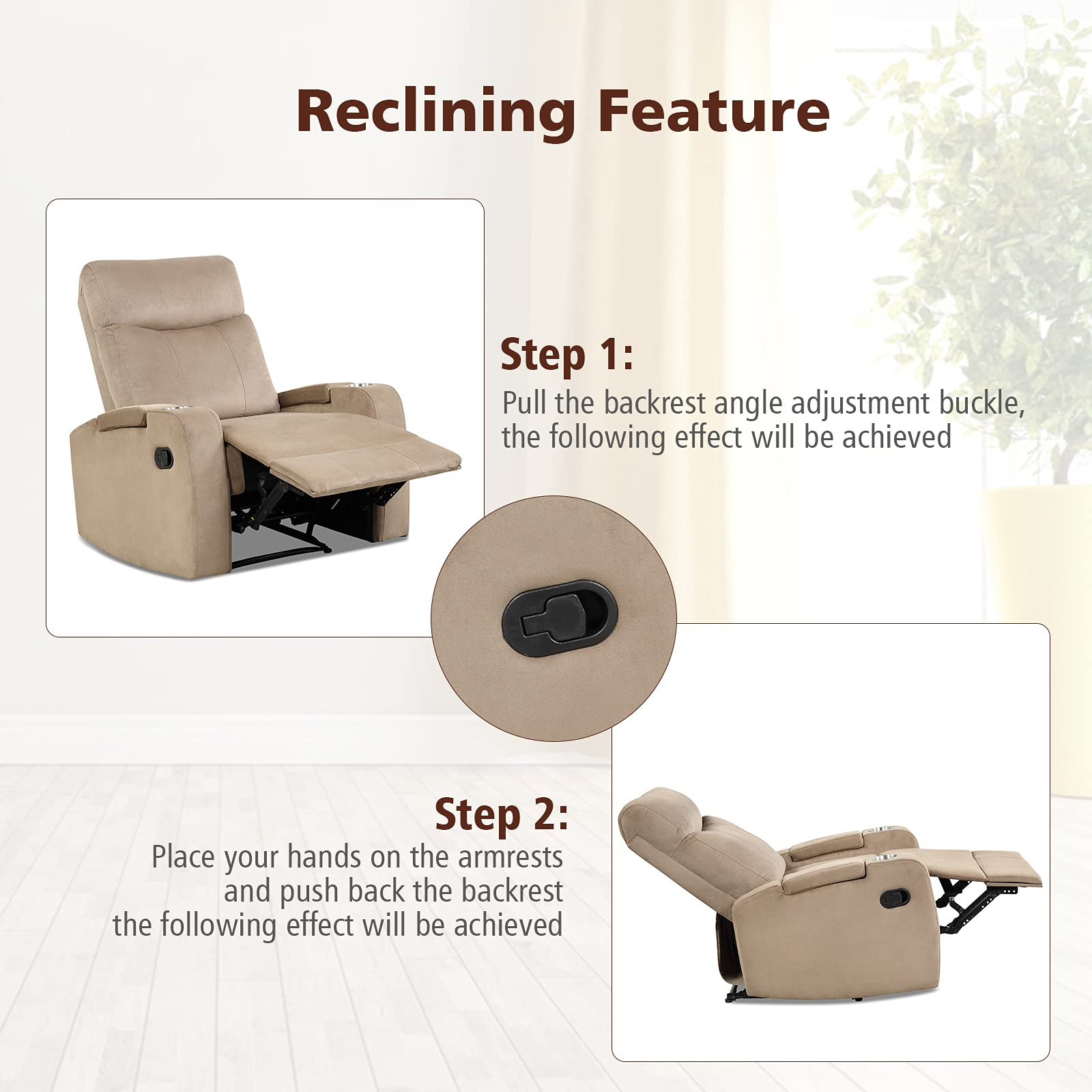 Manual Fabric Recliner Chair, Backrest Adjustable Reading Reclining Chair with 2 Cup Holders and Armrest Hidden Storage
