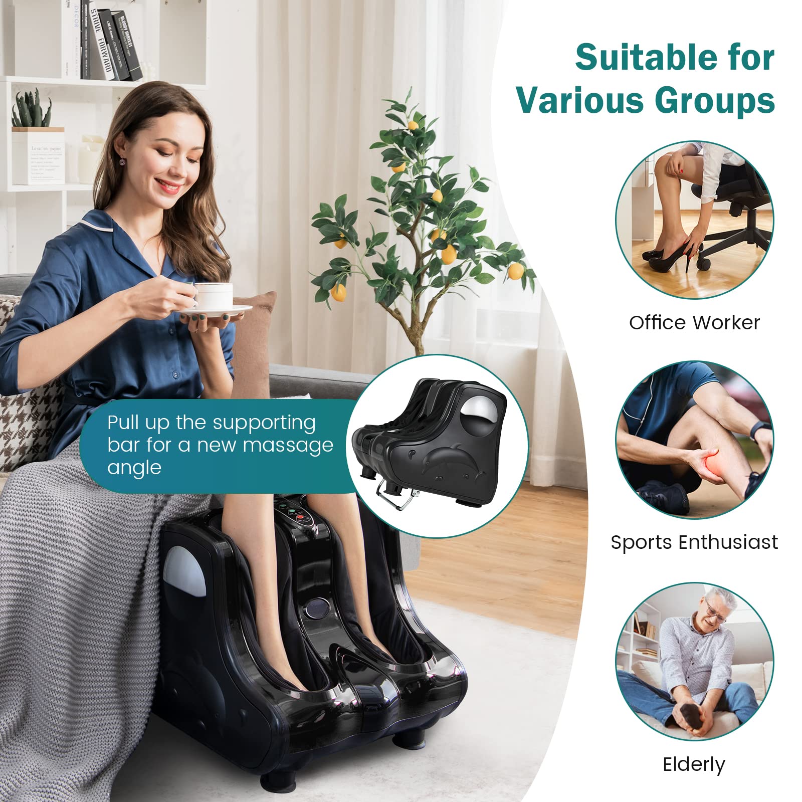 Foot and Calf Massager, Shiatsu Foot Massager Machine w/Heating, Kneading, Vibration, Rolling, Adjustable Speed & Tilt Base