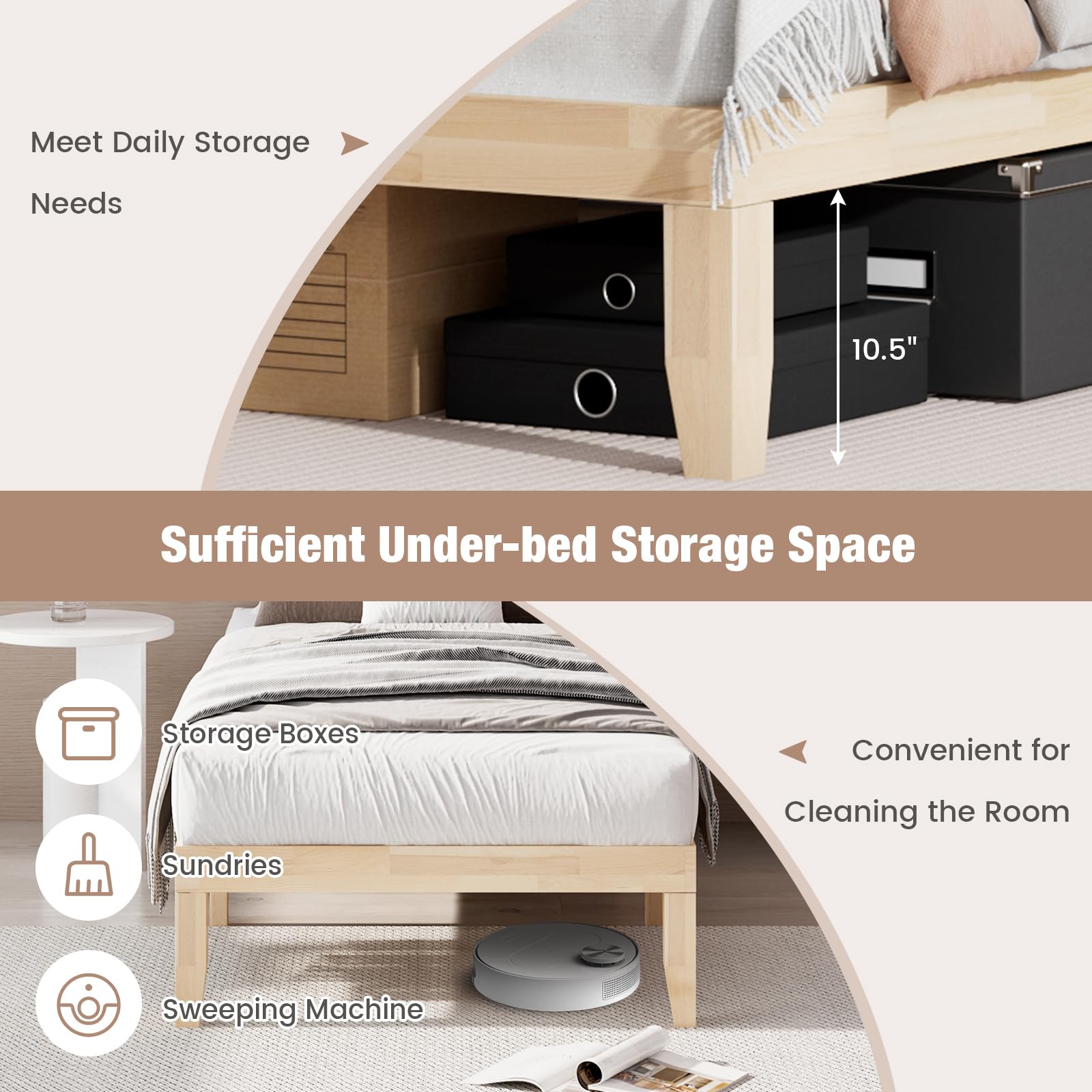 14 Inches Wood Platform Bed Frame, Solid Wood Mattress Foundation with Rubber Wood Frame