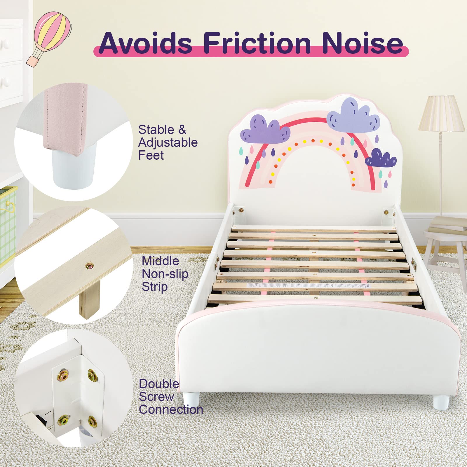 Kids Bed, Toddler Upholstered Platform Floor Bed w/Headboard & Wooden Slat Base