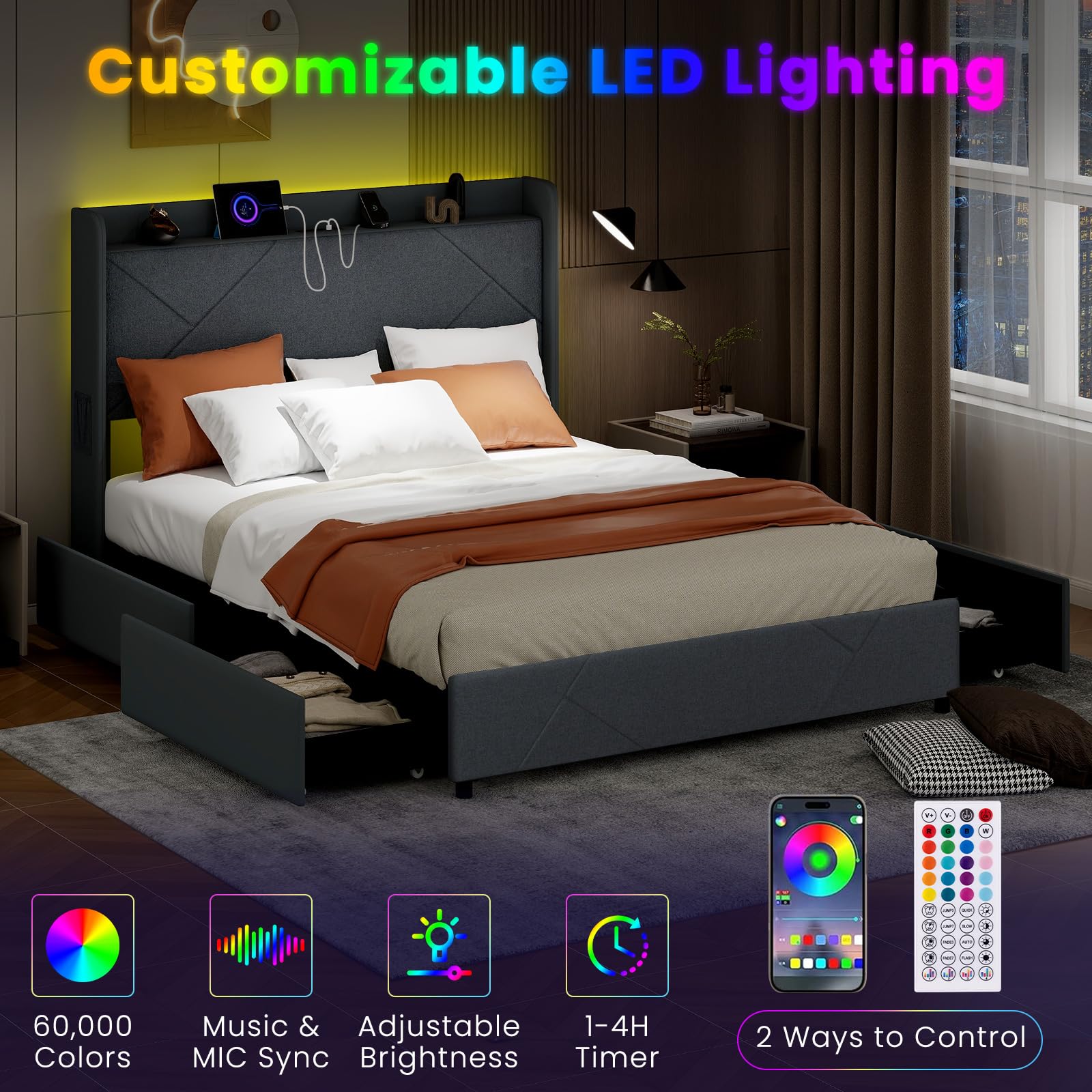 Upholstered Bed Frame with 4 Storage Drawers & LED Lights, Wingback Headboard & Charging Station