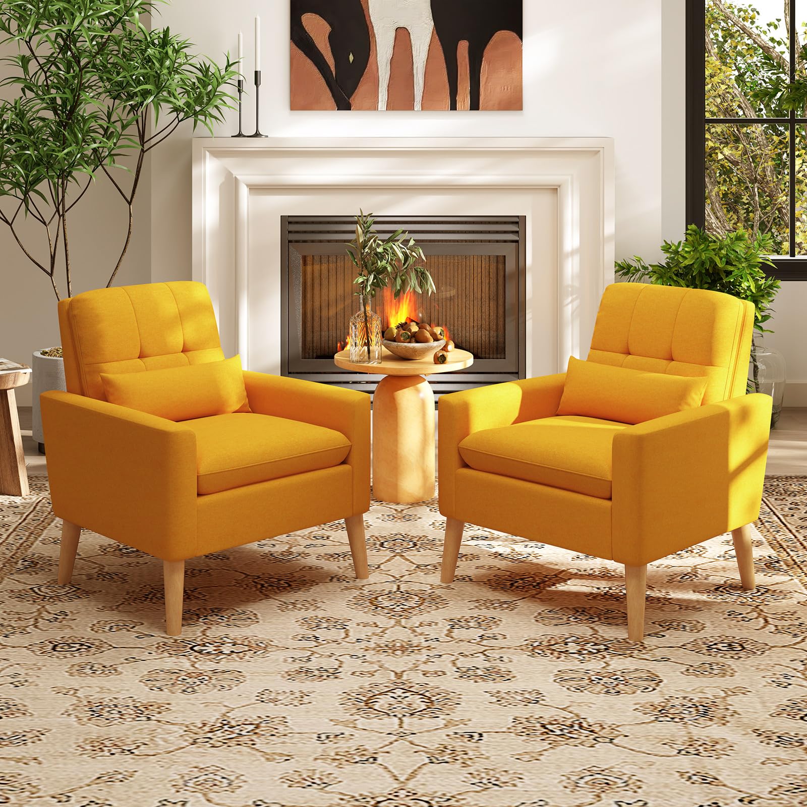 Modern Linen Accent Chair, Upholstered Tufted Armchair with Lumbar Pillow, Rubber Wood Legs, Padded Cushion