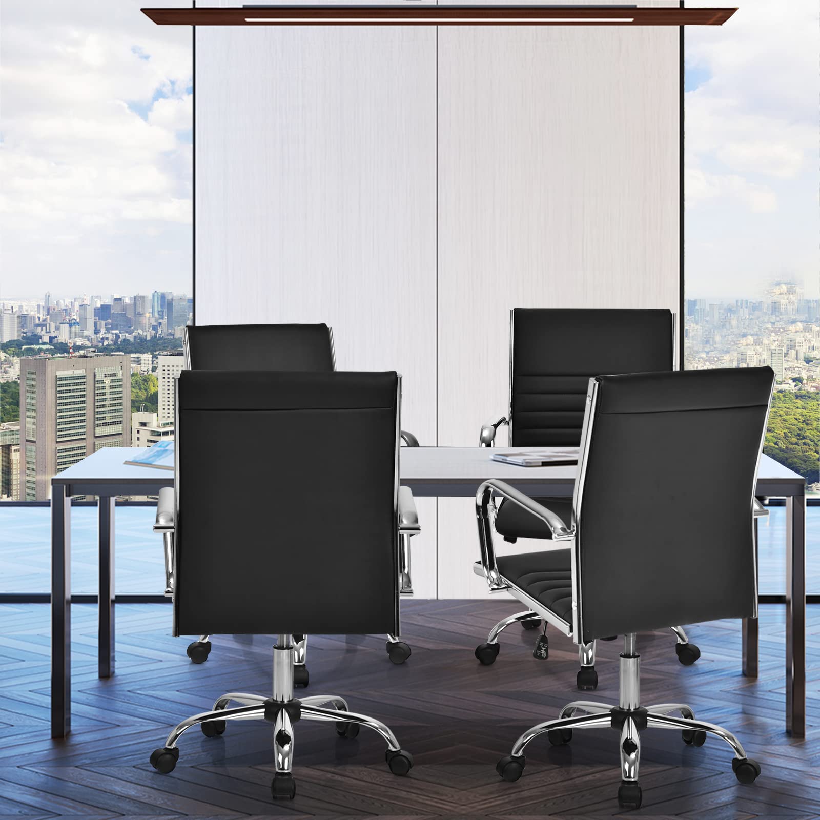 Ribbed Office Chair, Ergonomic Modern Leather Desk Chair with Adjustable Height & Arms, Swivel Mid Back Executive Conference Room Chairs