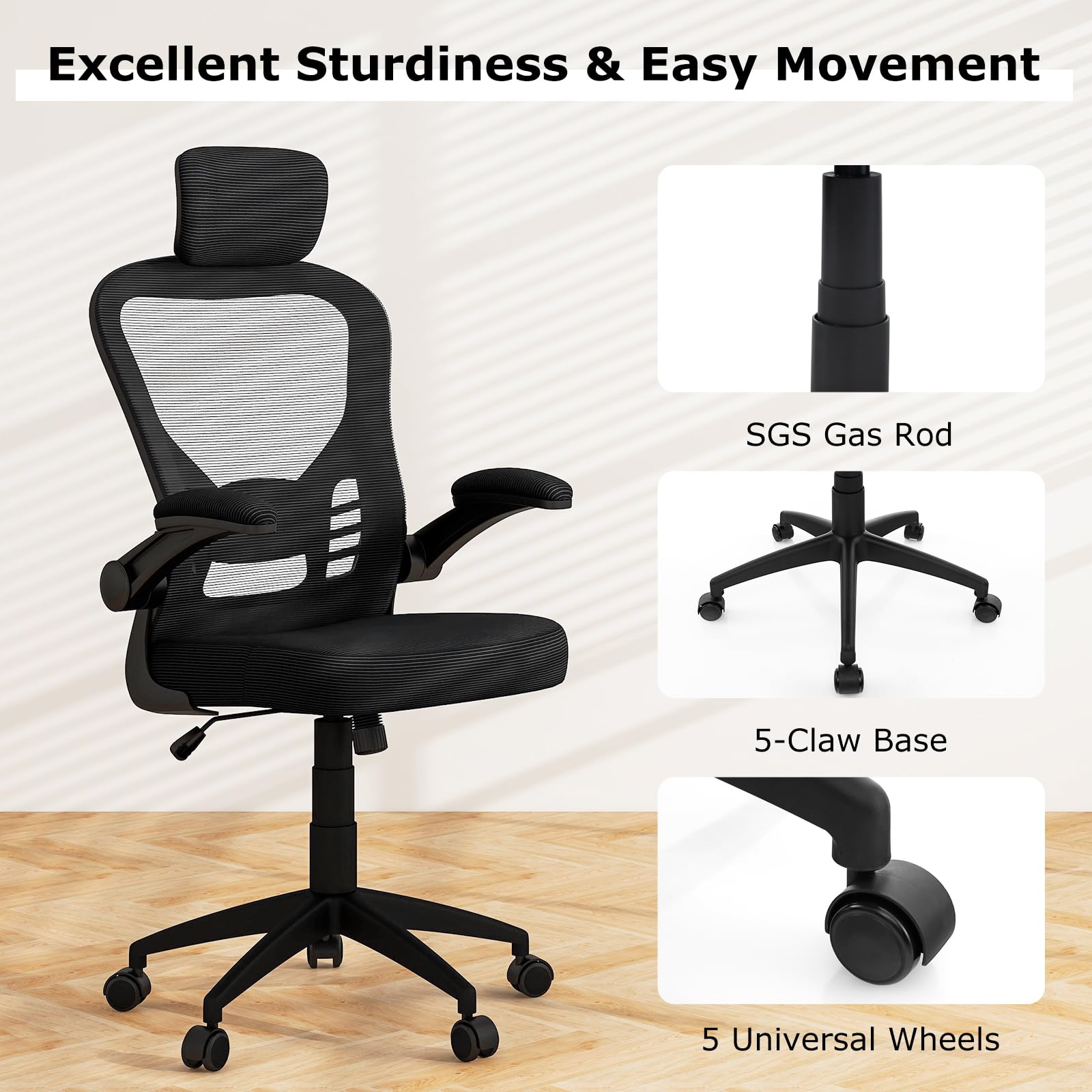 Ergonomic Mesh Office Chair, Home Office Desk Chair with Adjustable Headrest and Lumbar Support