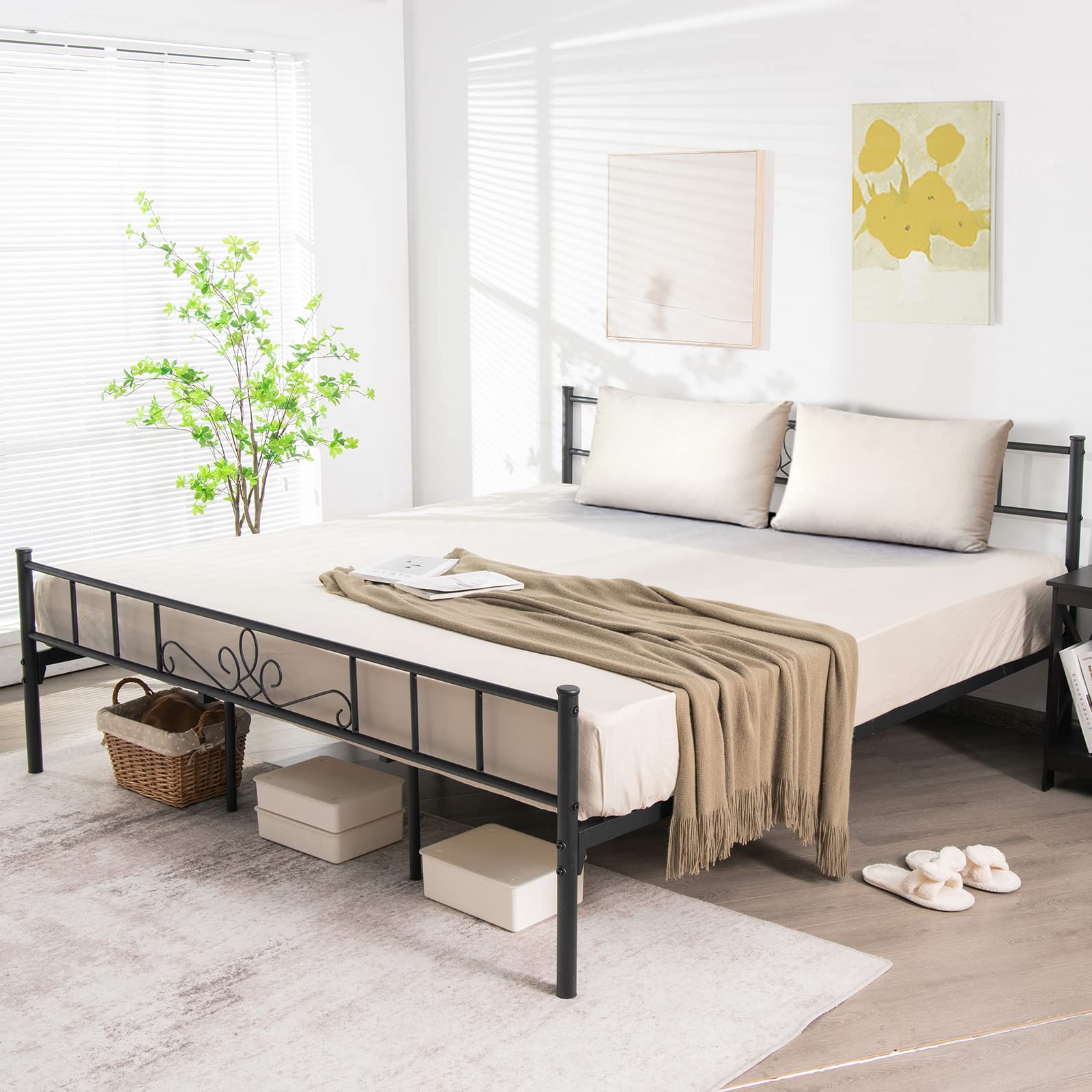 Metal Platform Bed Frame with Headboard & Footboard, Reinforced Metal Slats Supported Mattress Foundation
