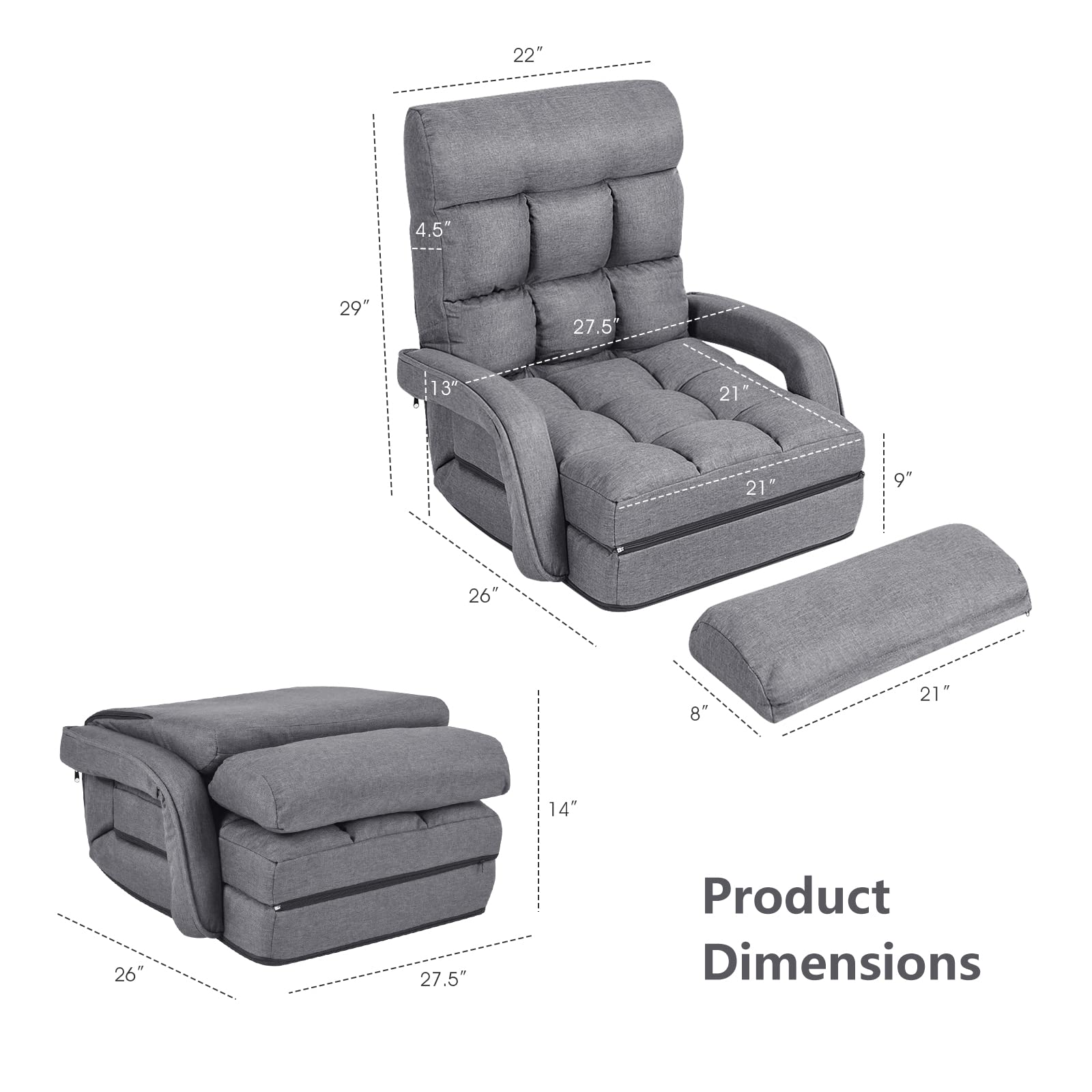 Adjustable Floor Chair, Folding Lazy Sofa Chair with 5 Positions, Detachable Seat Cushion