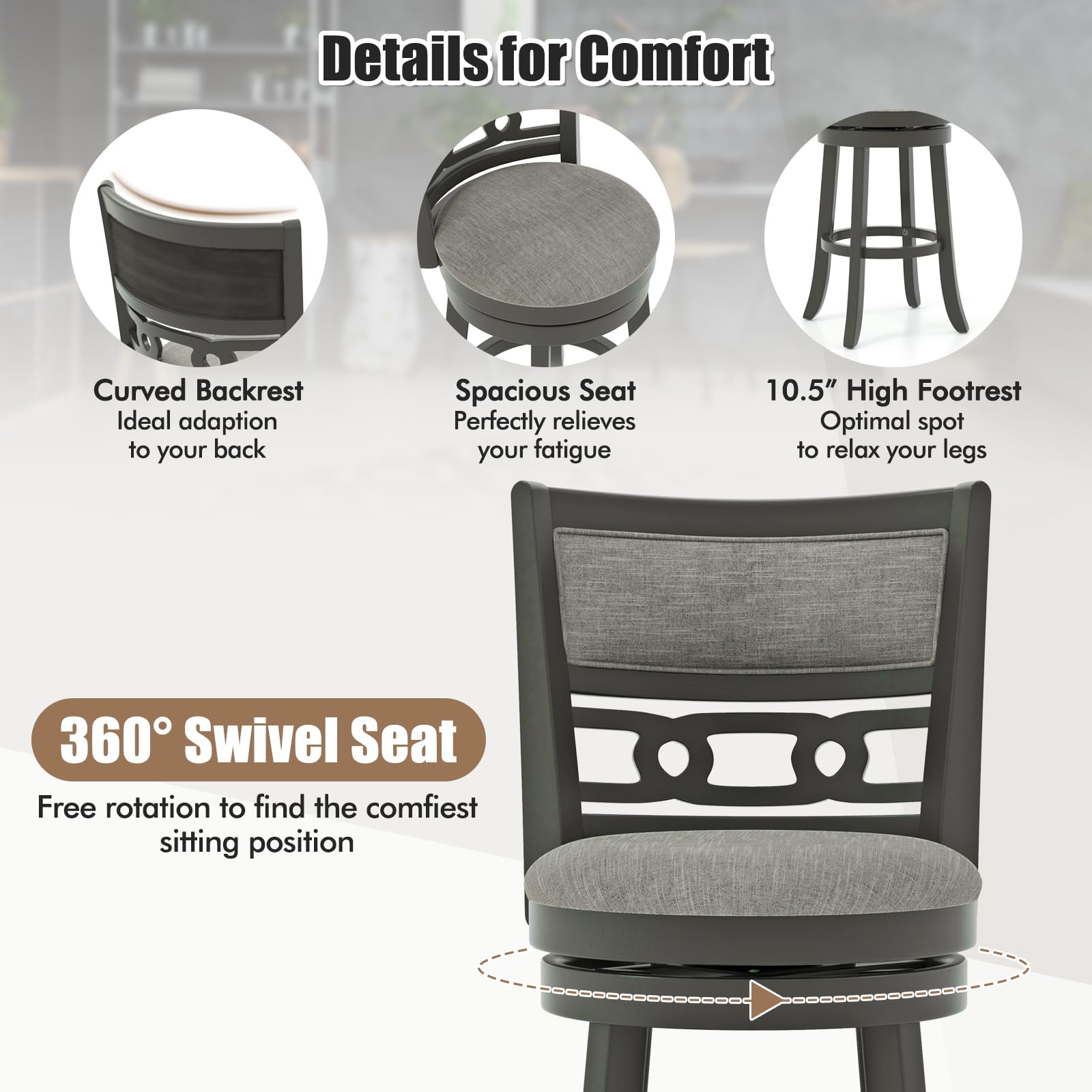 Upholstered Bar Height Bar Chair with Wooden Frame, Swivel Seat & Footrest