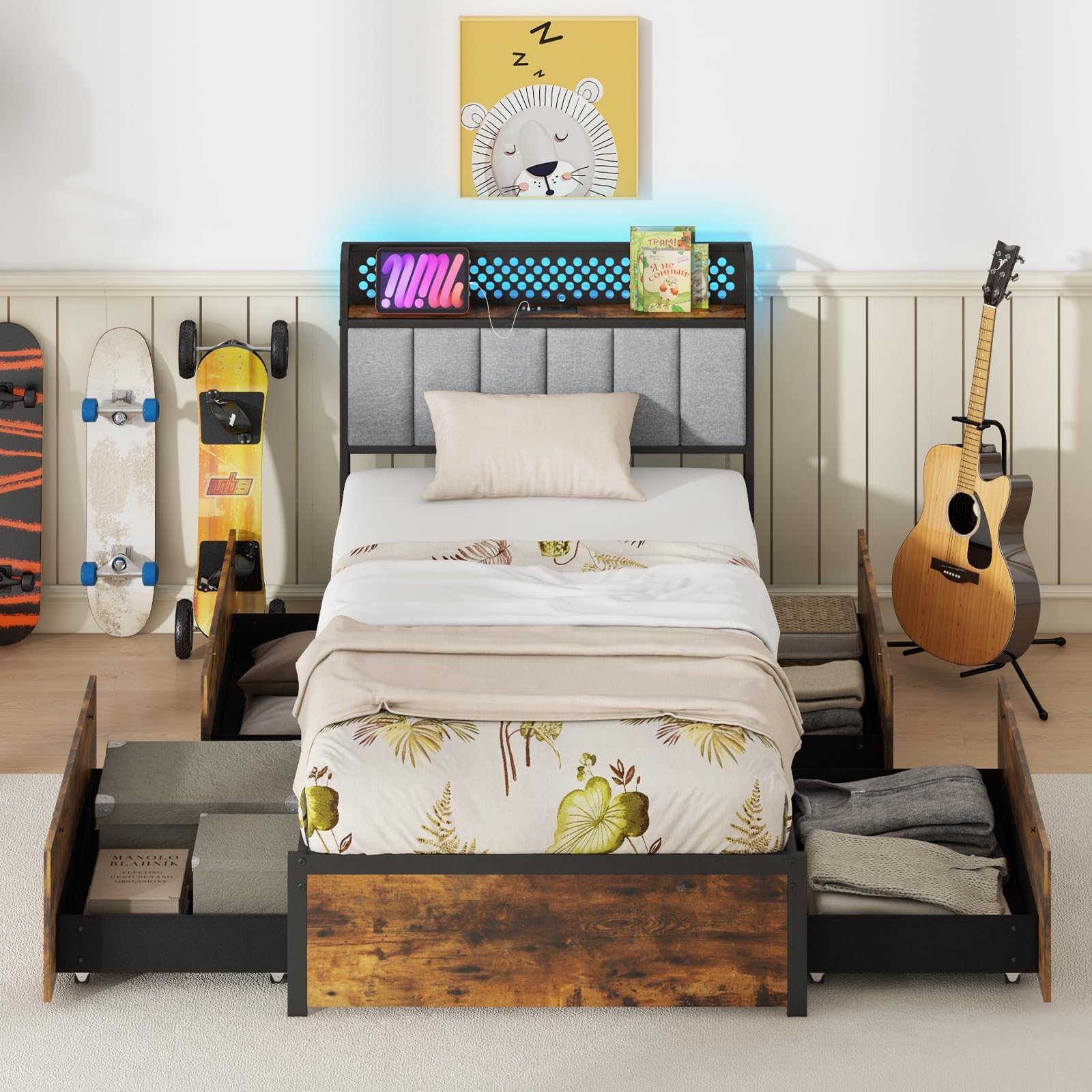 Industrial LED Bed Frame with 4 Storage Drawers & Charging Station