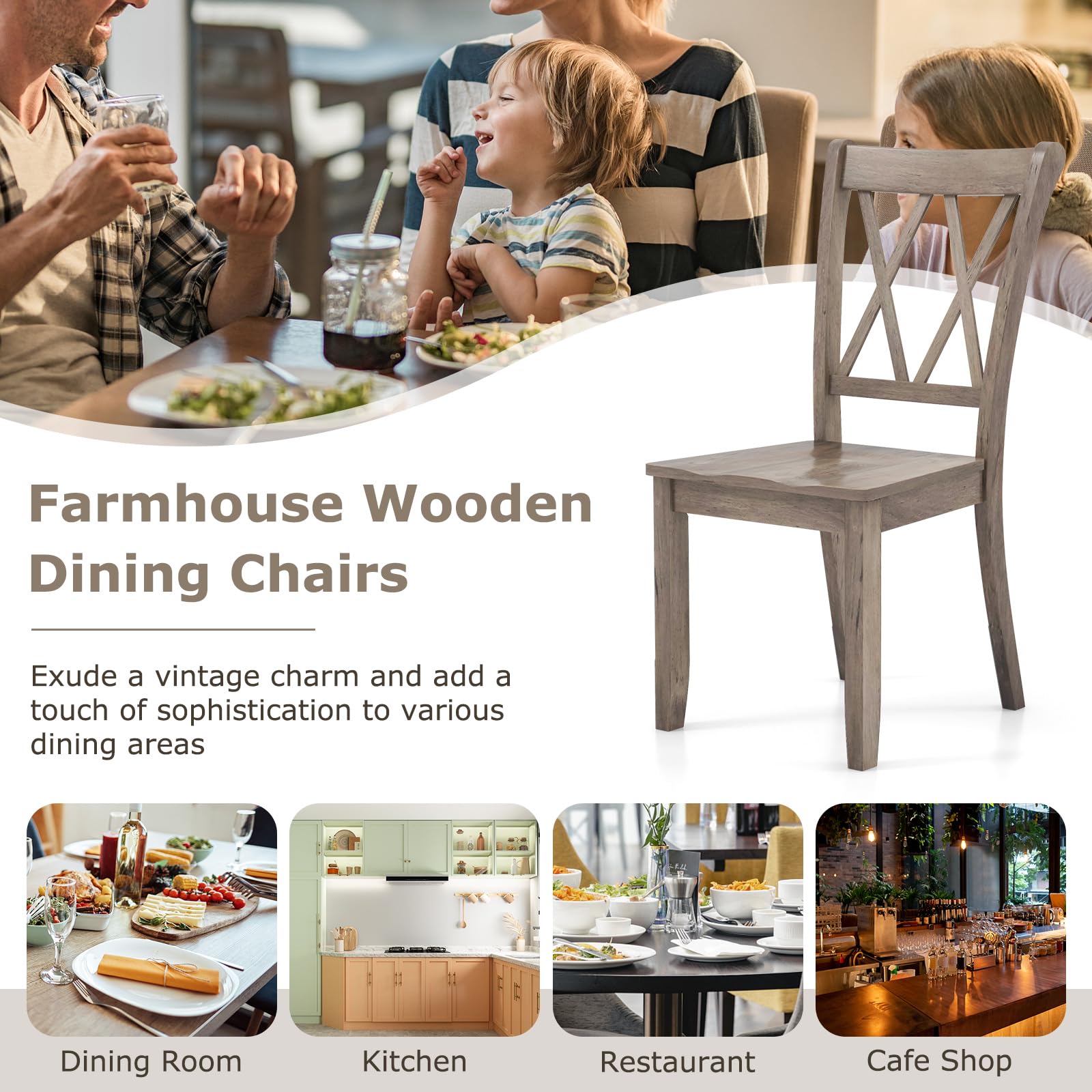 Set of 2/4 Dining Chairs, Rubber Wood Dining Room Chair, Farmhouse Dining Side Chairs