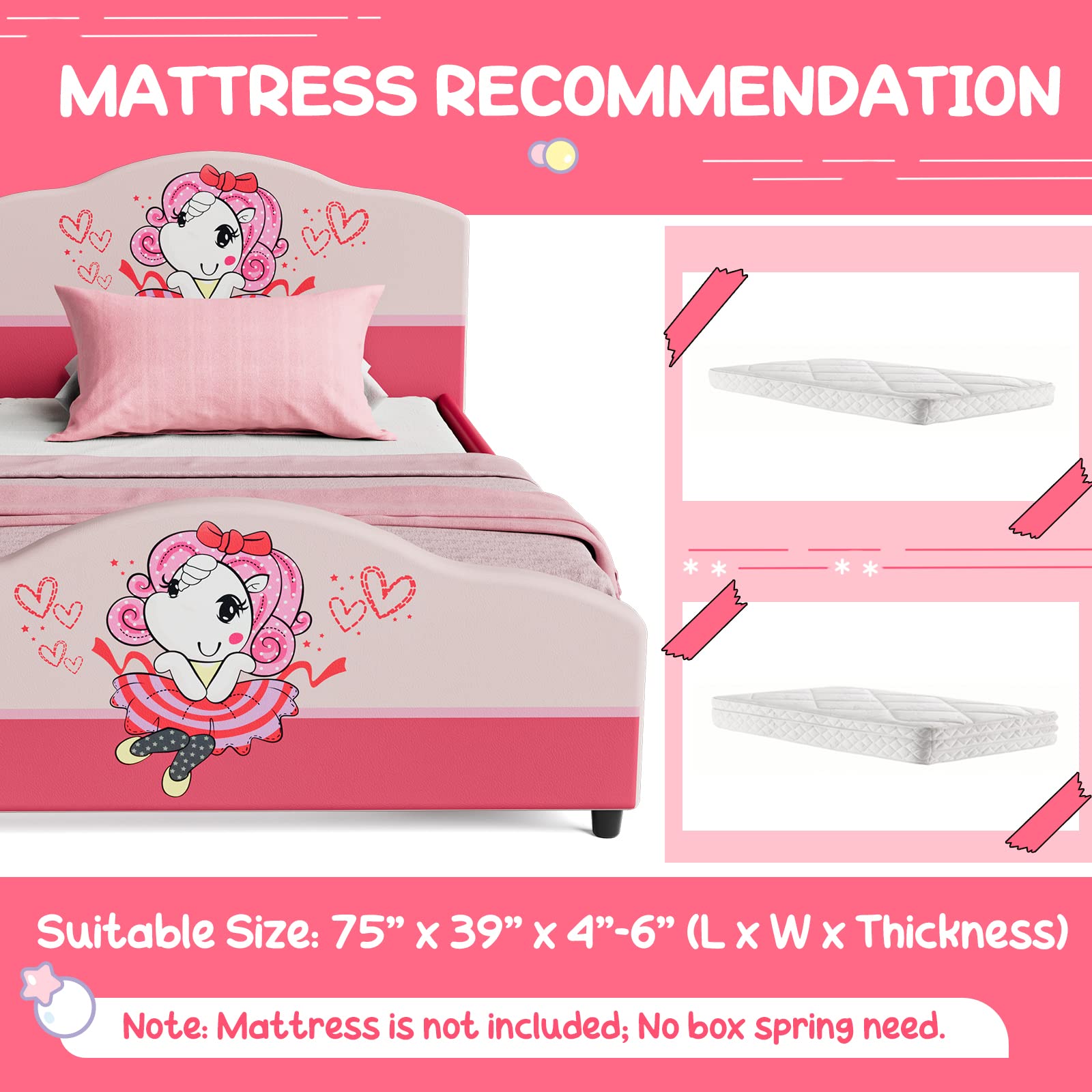Kids Twin Bed Frame with Headboard, Toddler Upholstered Platform Bed with Slatted Bed Base