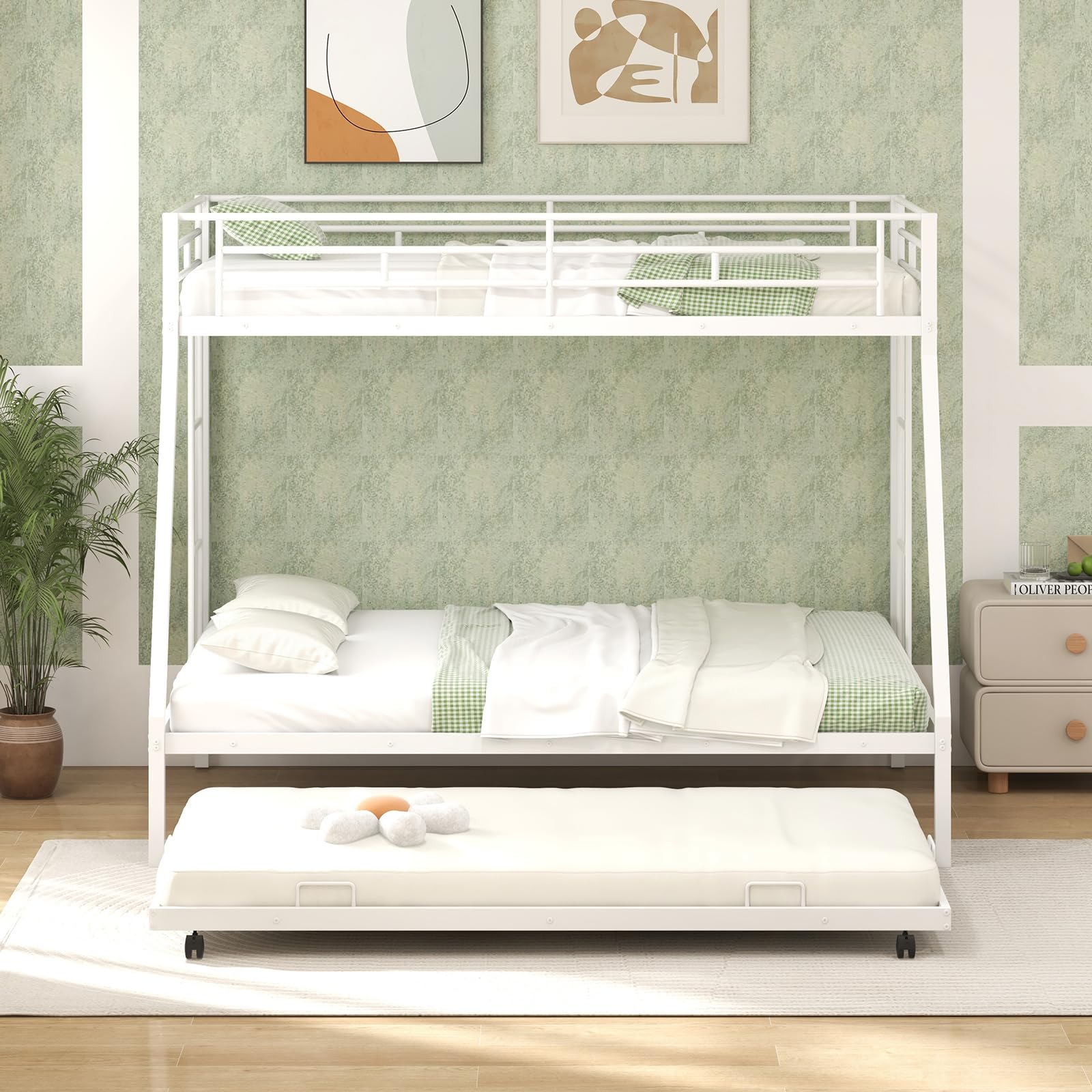 Twin Over Full Heavy-Duty Metal Bunk Bed with Trundle, Guardrail & 2 Ladders