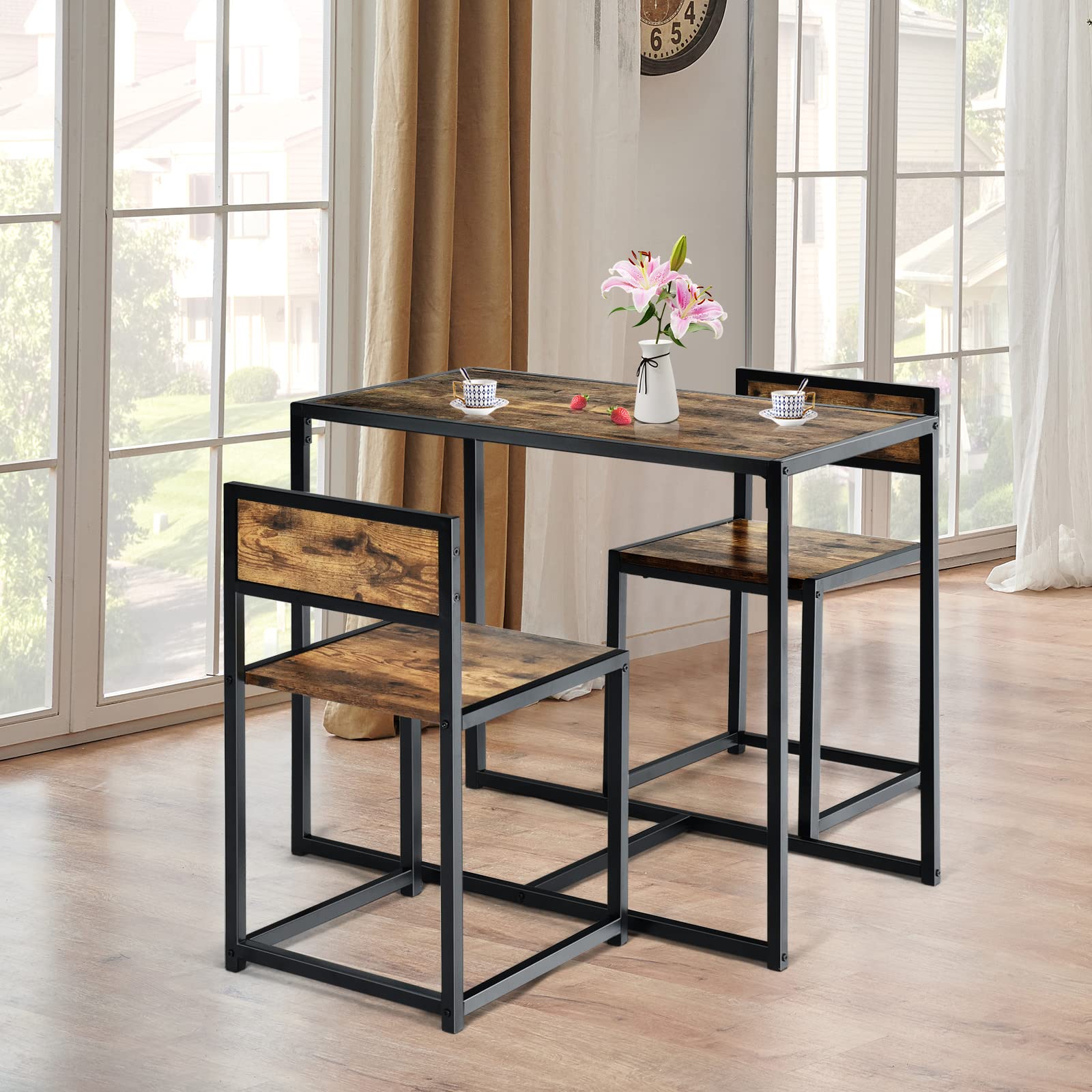 3 Piece Kitchen Table Set with 2 Chairs, Metal Frame