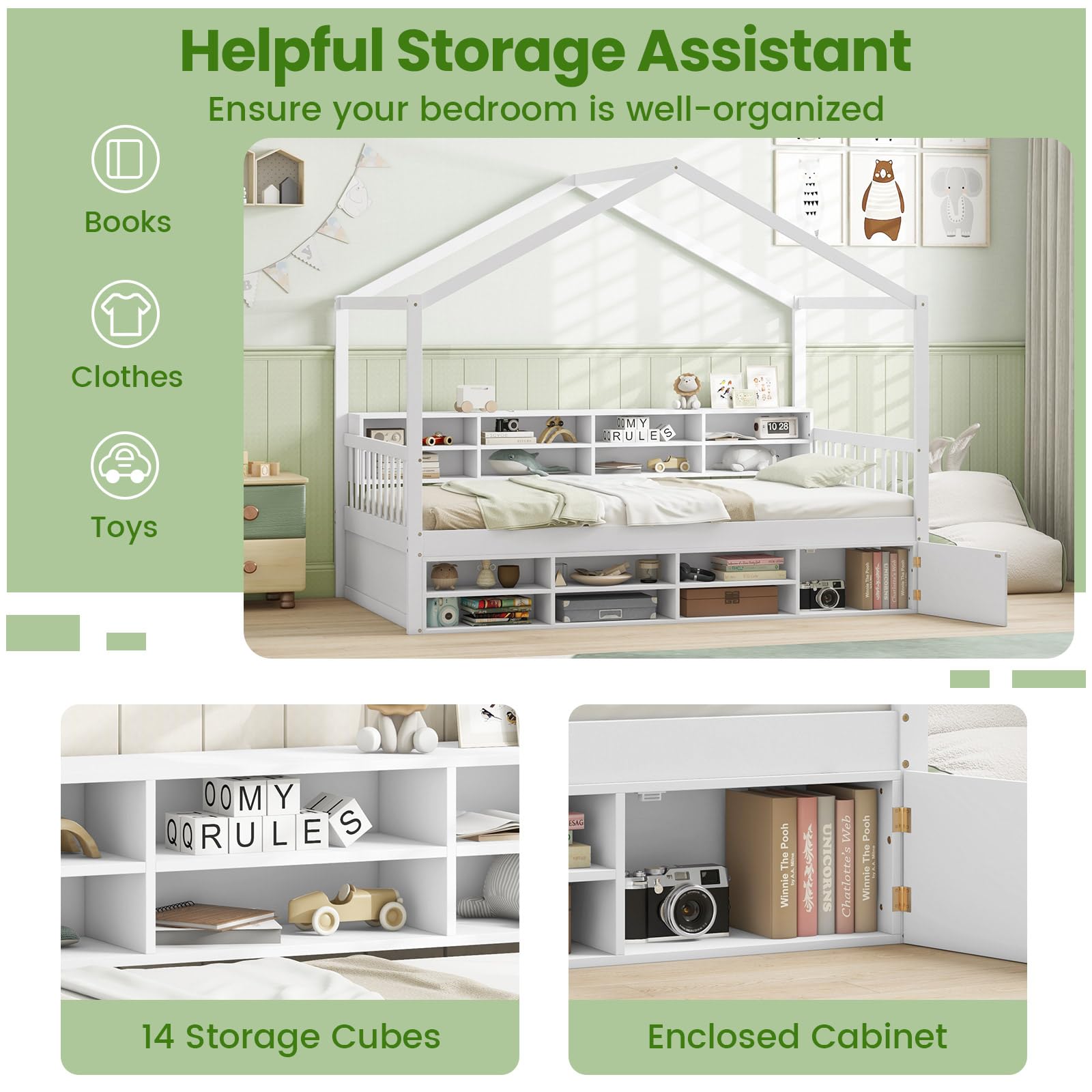 Twin Size House Bed with Storage, Wooden Montessori House Bed with 14 Storage Cubes, Enclosed Cabinet, Wood Slats & Fencing