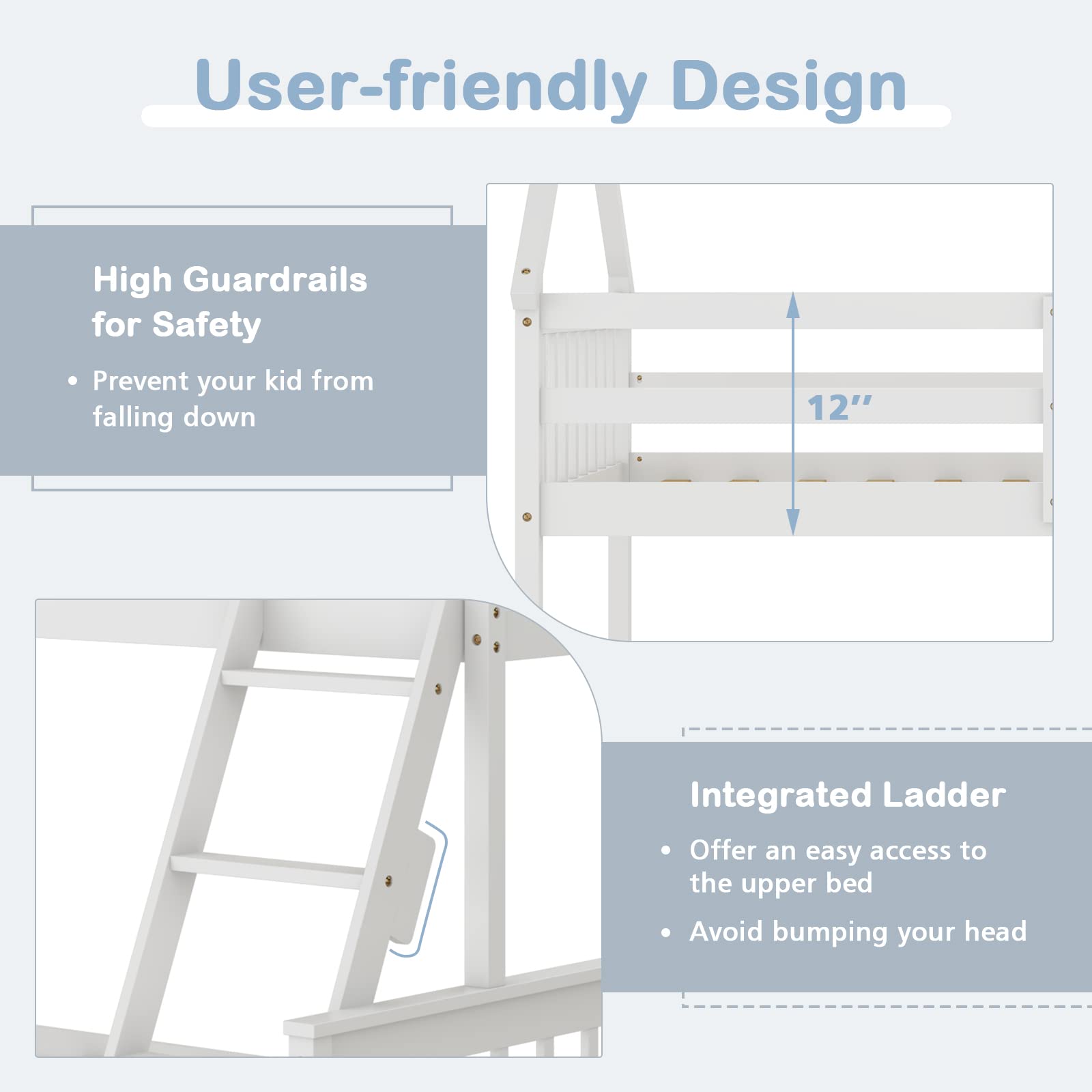 Twin Over Full Wood House Bunk Bed with Integrated Ladder & Safety Guardrails, Convertible to 2 Beds