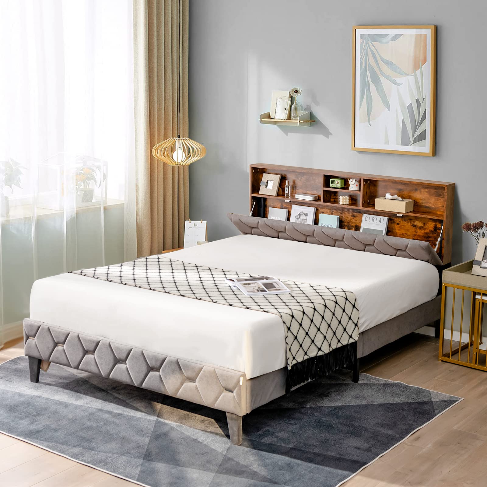 Upholstered Full/Queen Bed Frame with Storage Headboard, Platform Bed Frame